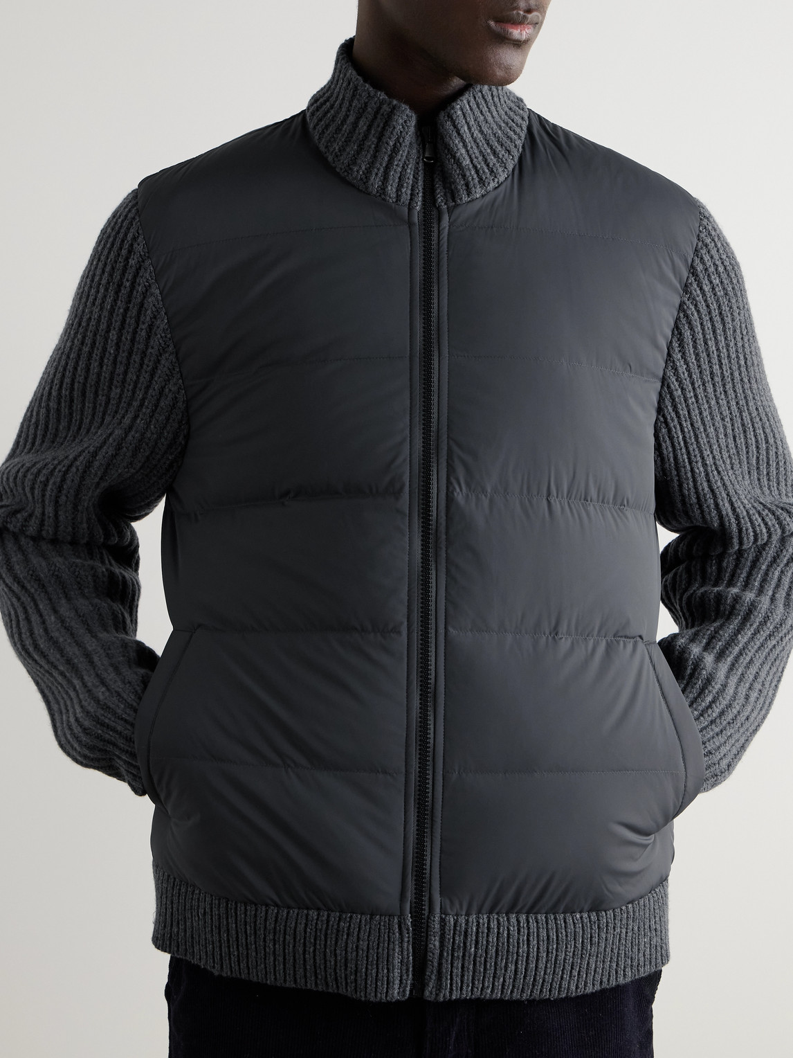 JAMES PERSE RIBBED-KNIT AND QUILTED SHELL DOWN JACKET