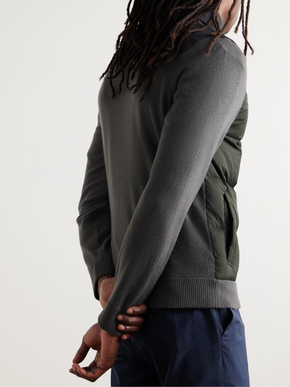 JAMES PERSE COLOUR-BLOCK PANELLED WOOL AND CASHMERE-BLEND AND QUILTED SHELL DOWN JACKET