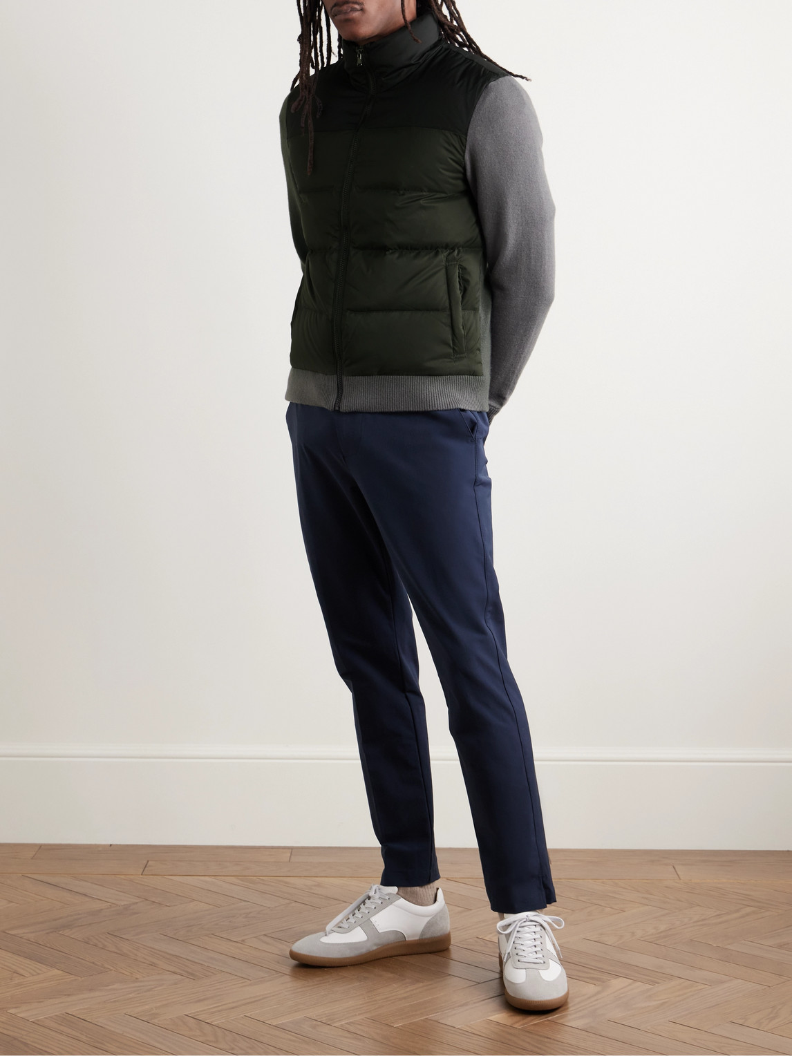 JAMES PERSE COLOUR-BLOCK PANELLED WOOL AND CASHMERE-BLEND AND QUILTED SHELL DOWN JACKET