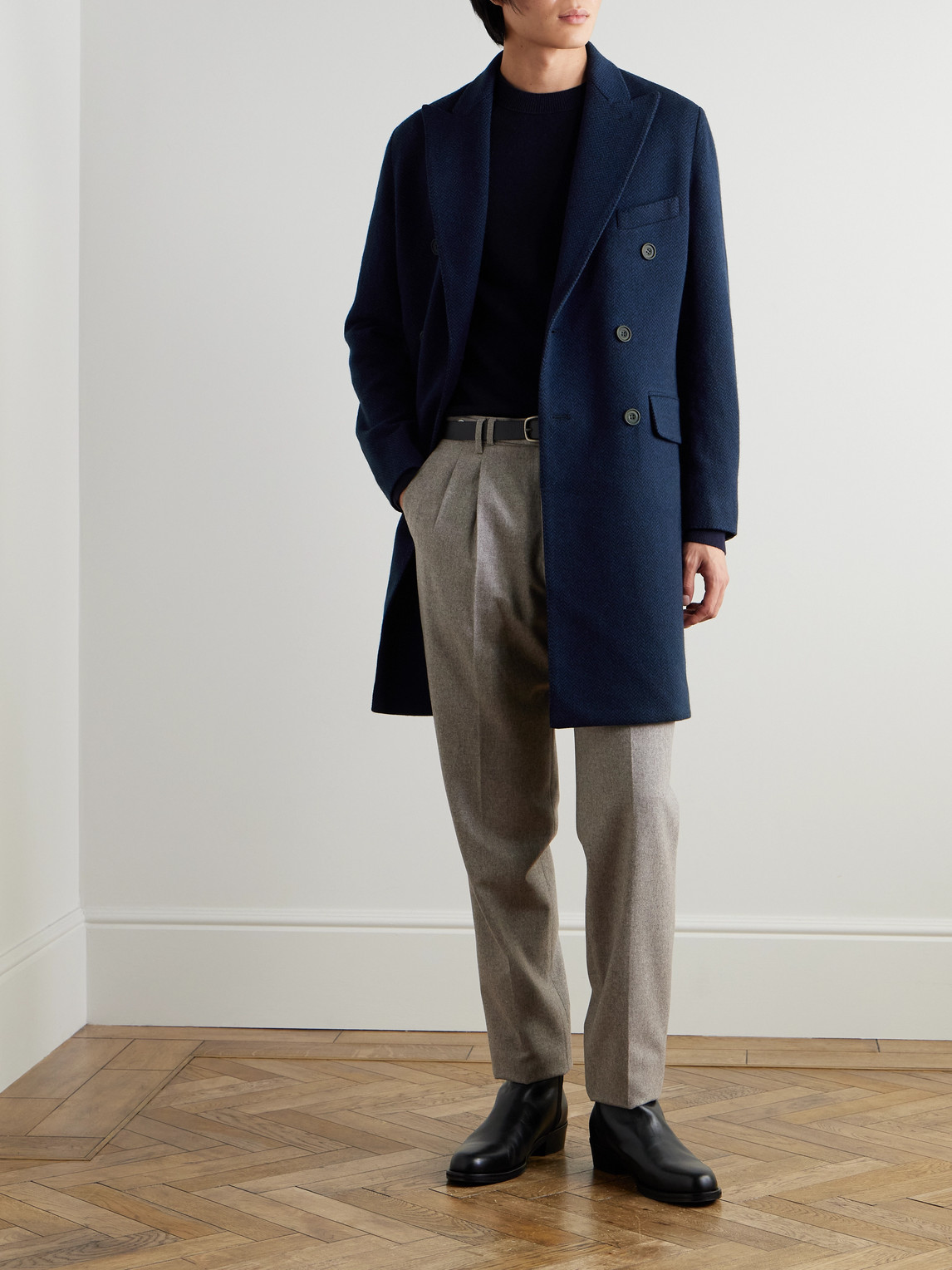 Shop Richard James Double-breasted Herringbone Cashmere Coat In Blue