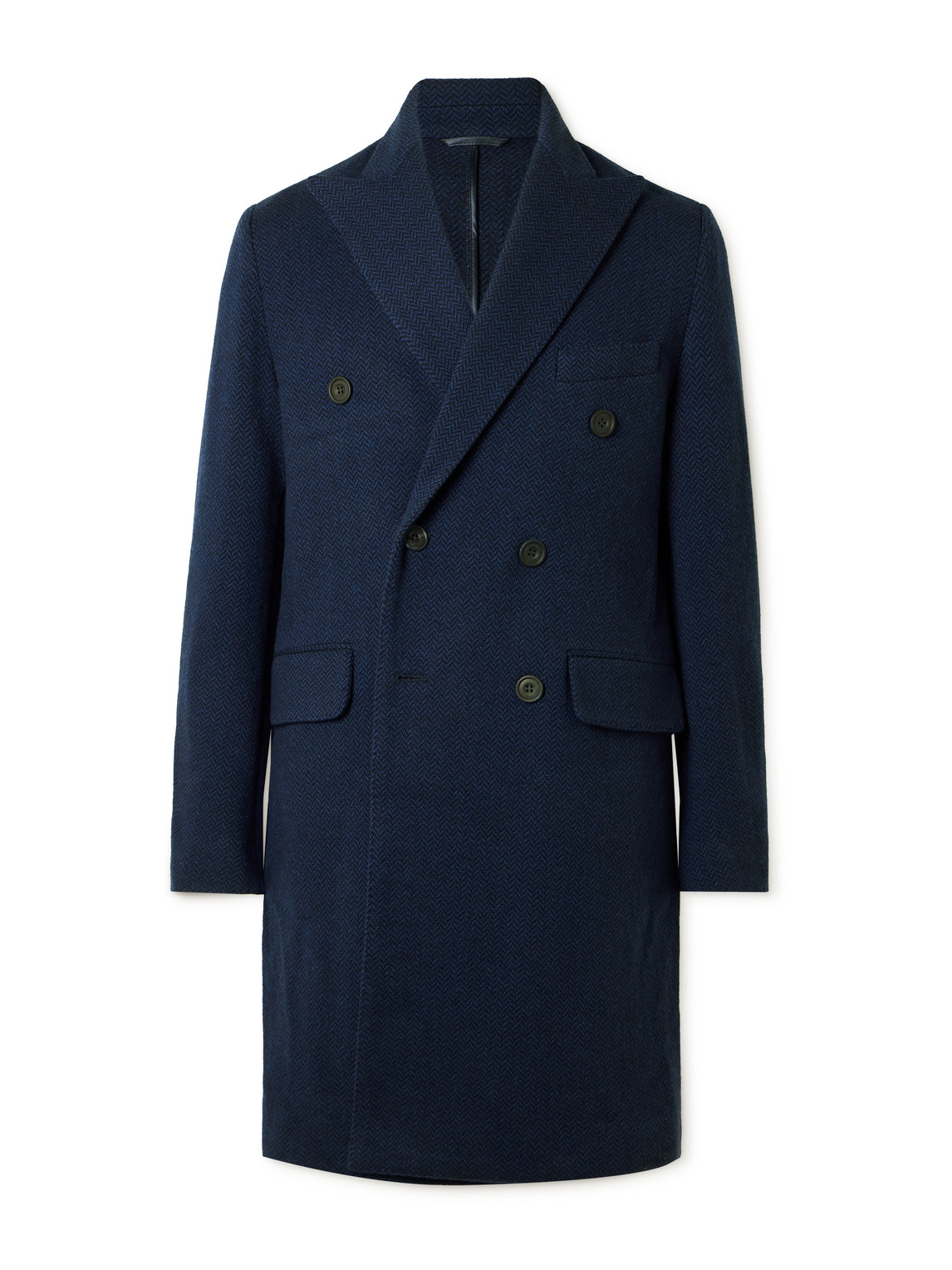 Richard James Double-breasted Herringbone Cashmere Coat In Blue