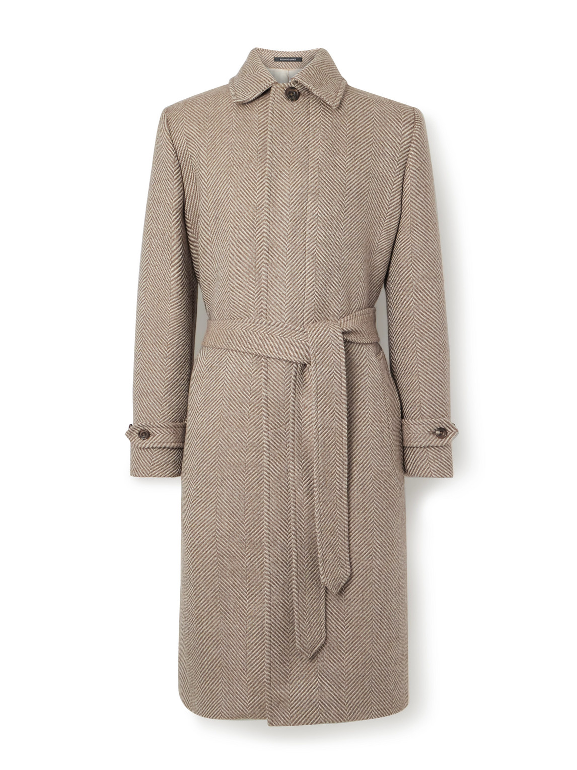 Richard James Belted Herringbone Virgin Wool Coat In Brown