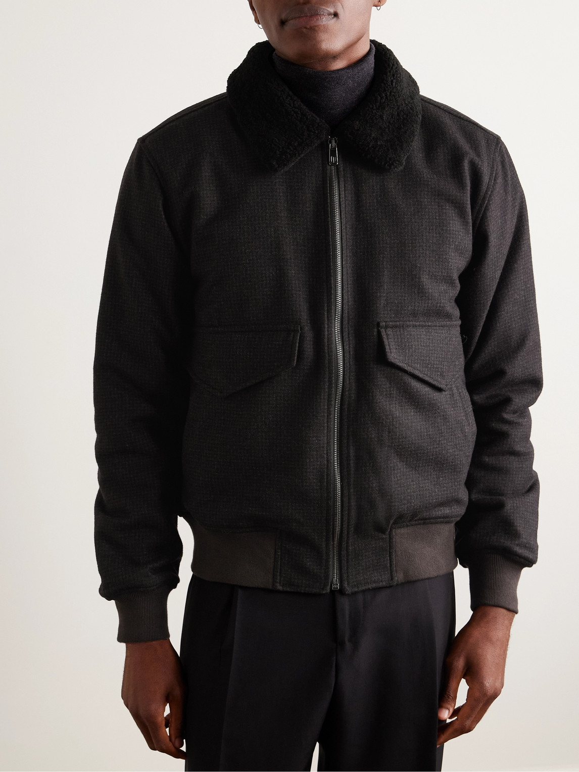 RICHARD JAMES SHEARLING-TRIMMED PUPPYTOOTH VIRGIN WOOL-FLANNEL BLOUSON JACKET 