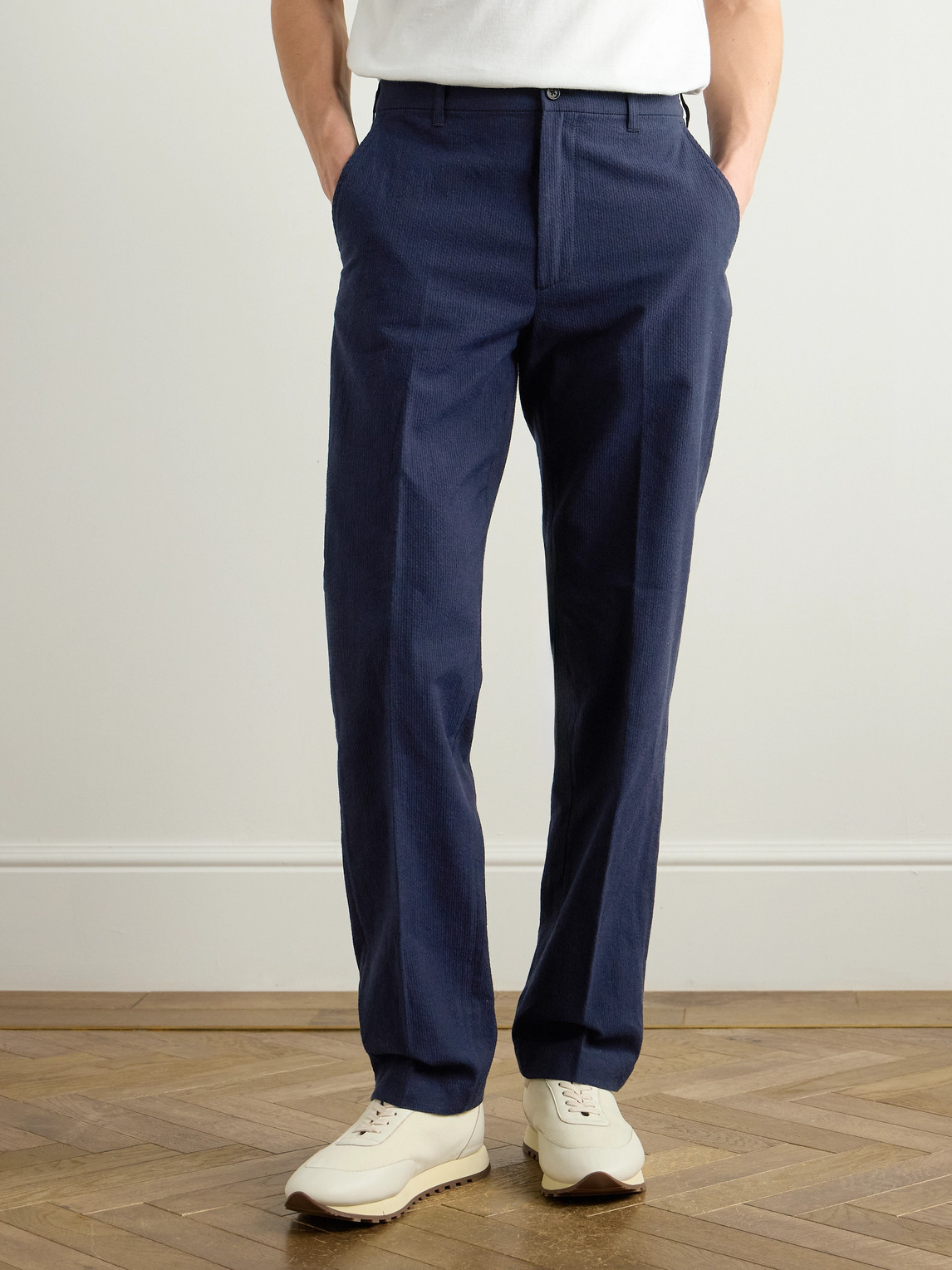 DUNHILL STRAIGHT-LEG STRIPED COTTON AND LINEN-BLEND TROUSERS 