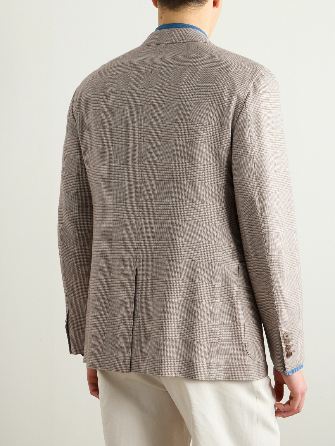 DUNHILL CAVENDISH SUEDE-TRIMMED PRINCE OF WALES CHECKED WOOL, SILK AND CASHMERE-BLEND BLAZER
