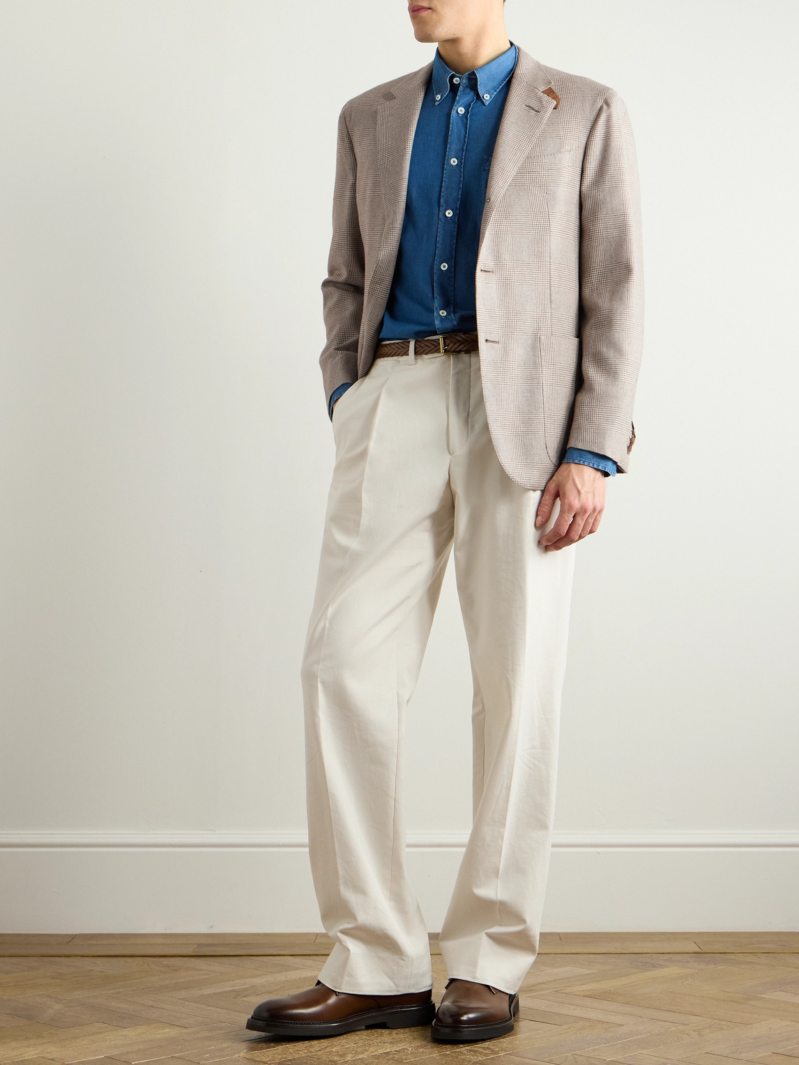 DUNHILL CAVENDISH SUEDE-TRIMMED PRINCE OF WALES CHECKED WOOL, SILK AND CASHMERE-BLEND BLAZER
