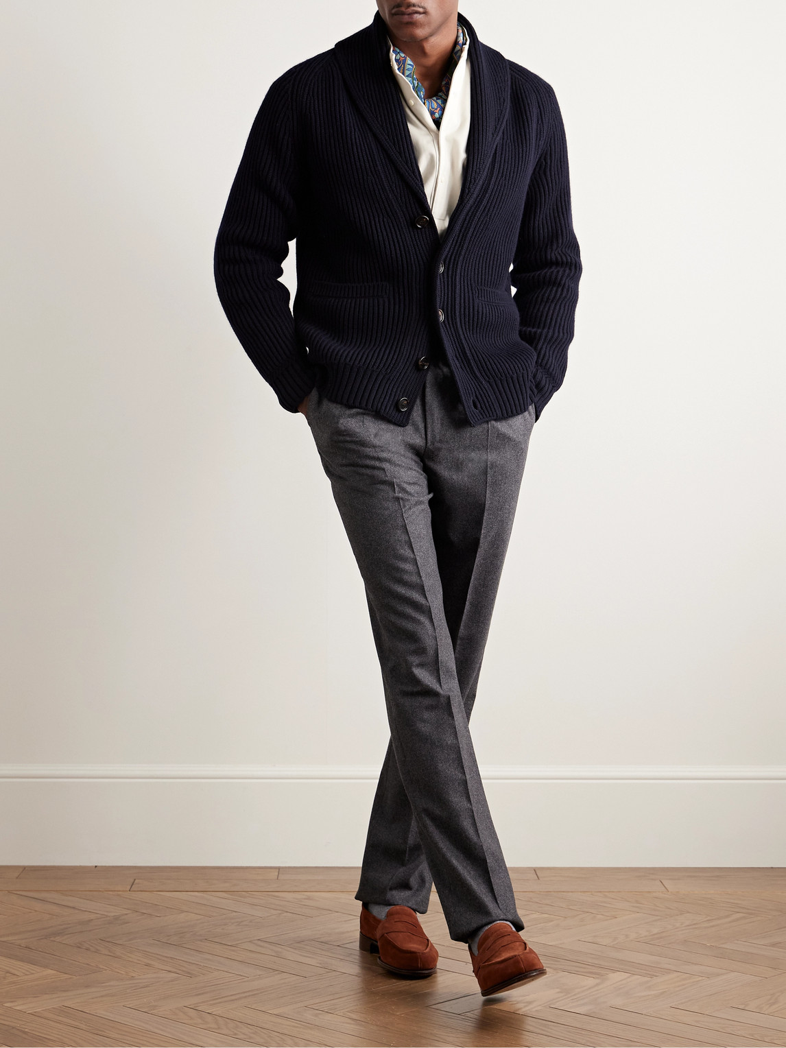 DUNHILL SHAWL-COLLAR RIBBED COTTON AND CASHMERE-BLEND CARDIGAN