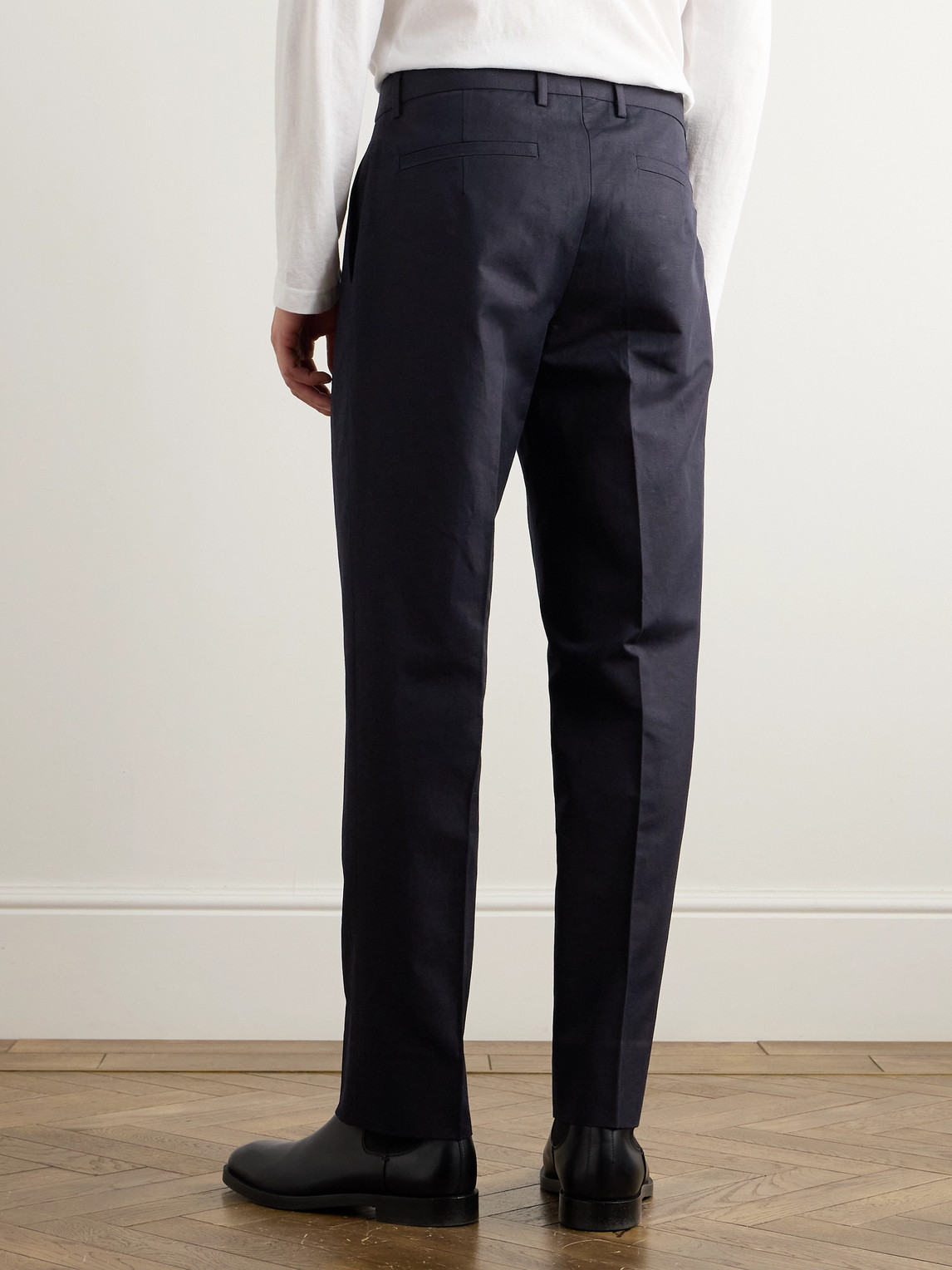 Zegna Tapered Pleated Cotton And Linen-blend Twill Trousers In Blue