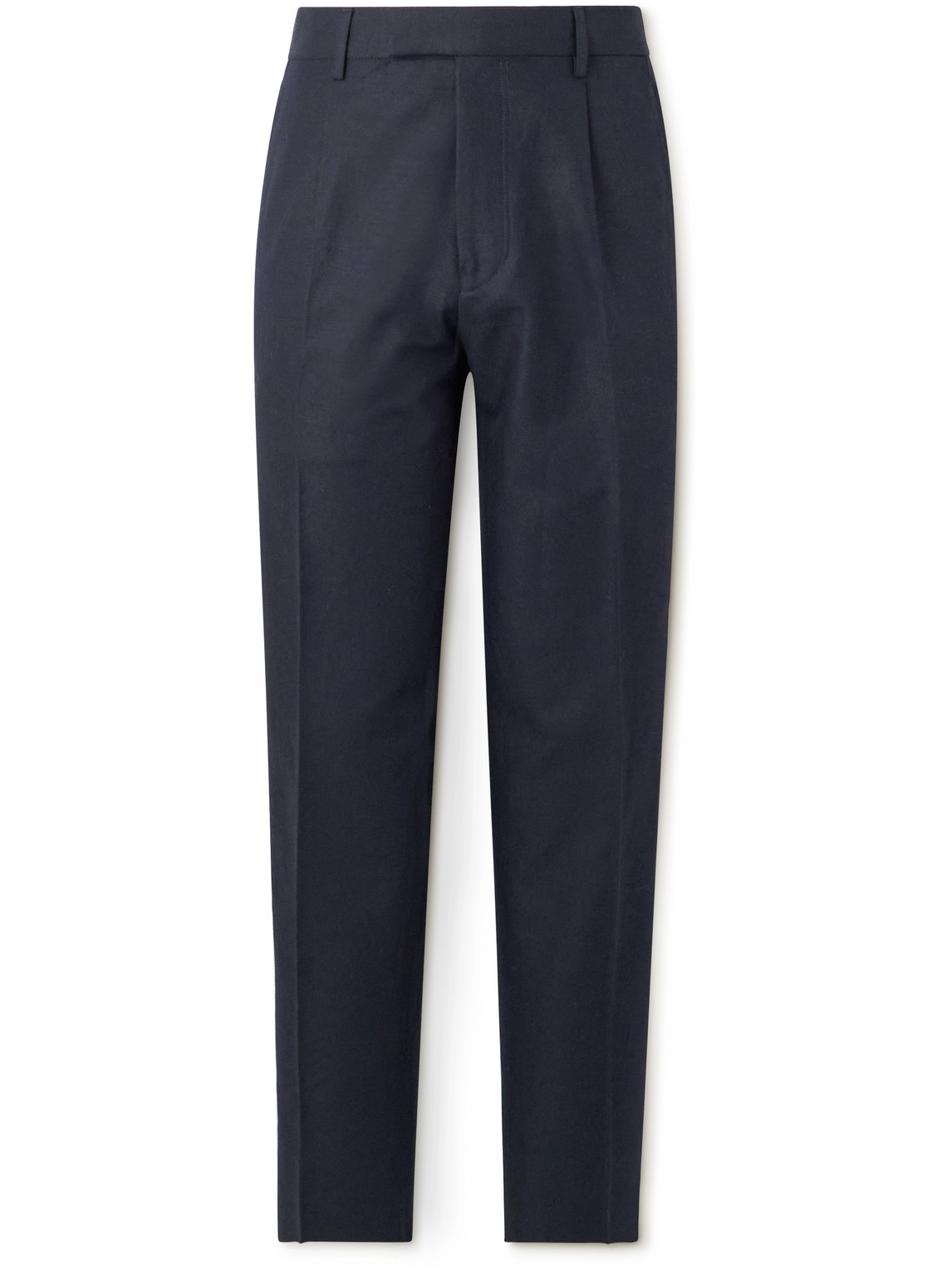 Zegna Tapered Pleated Cotton And Linen-blend Twill Trousers In Blue
