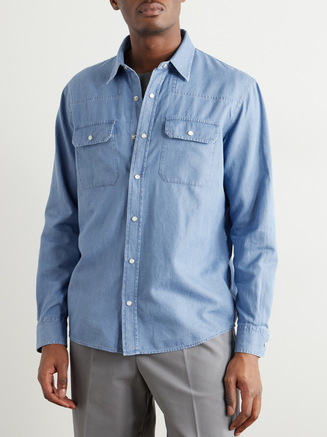 Zegna Cotton And Linen-blend Chambray Shirt In Blue