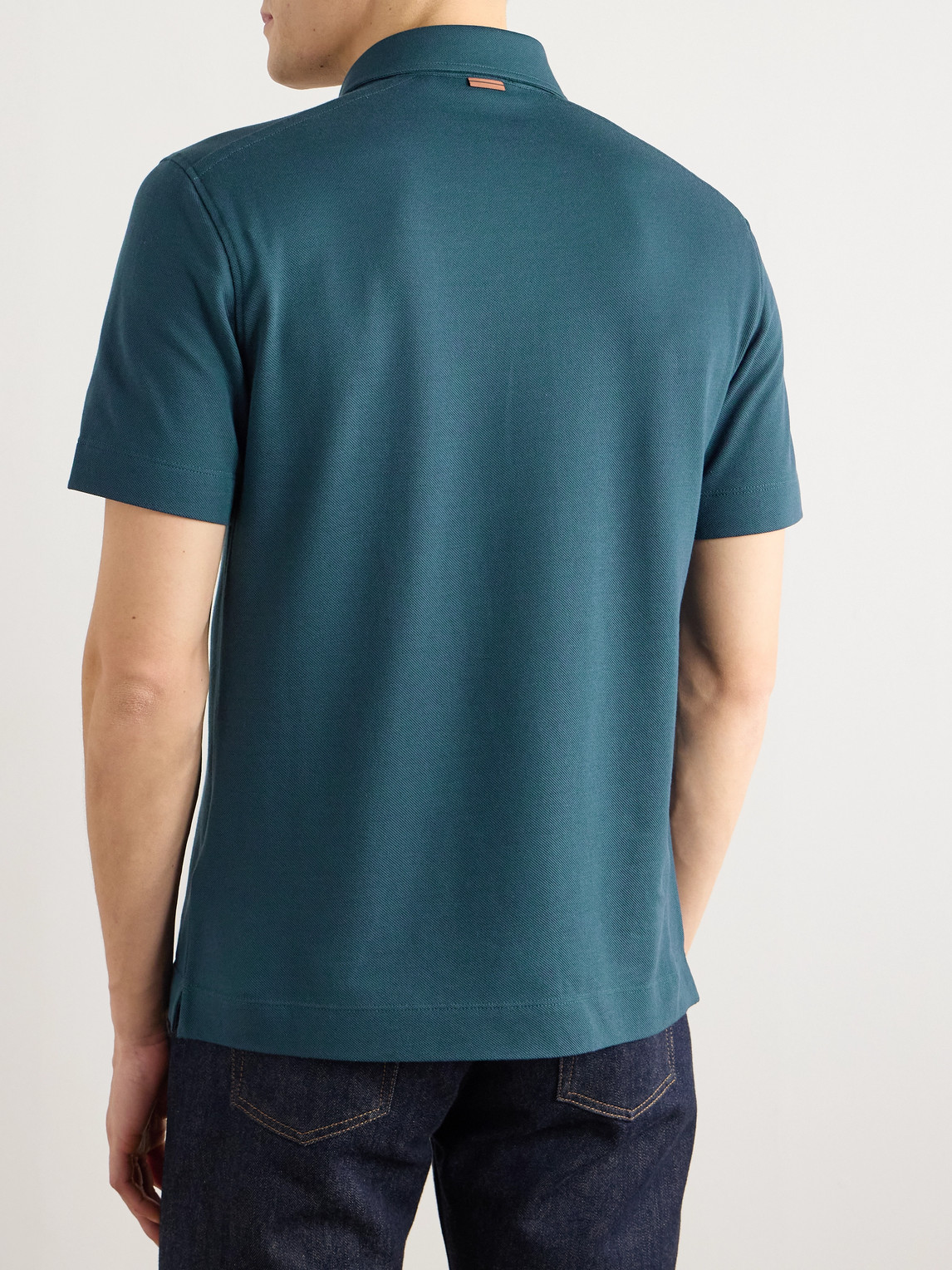 Slim-Fit Leather-Trimmed Cotton-Piqué Polo Shirt