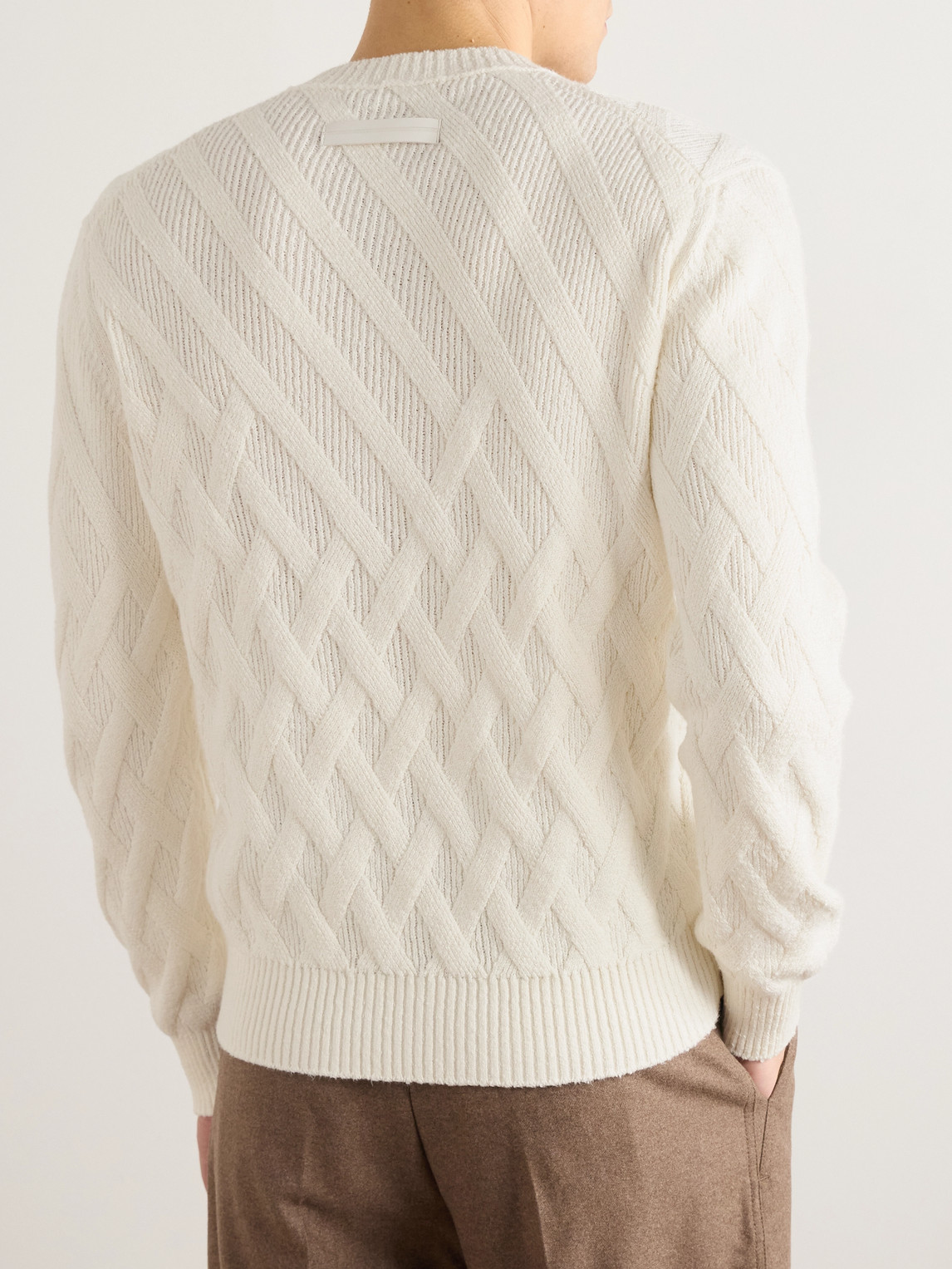 Logo-Appliquéd Leather-Trimmed Basketweave Cotton Sweater
