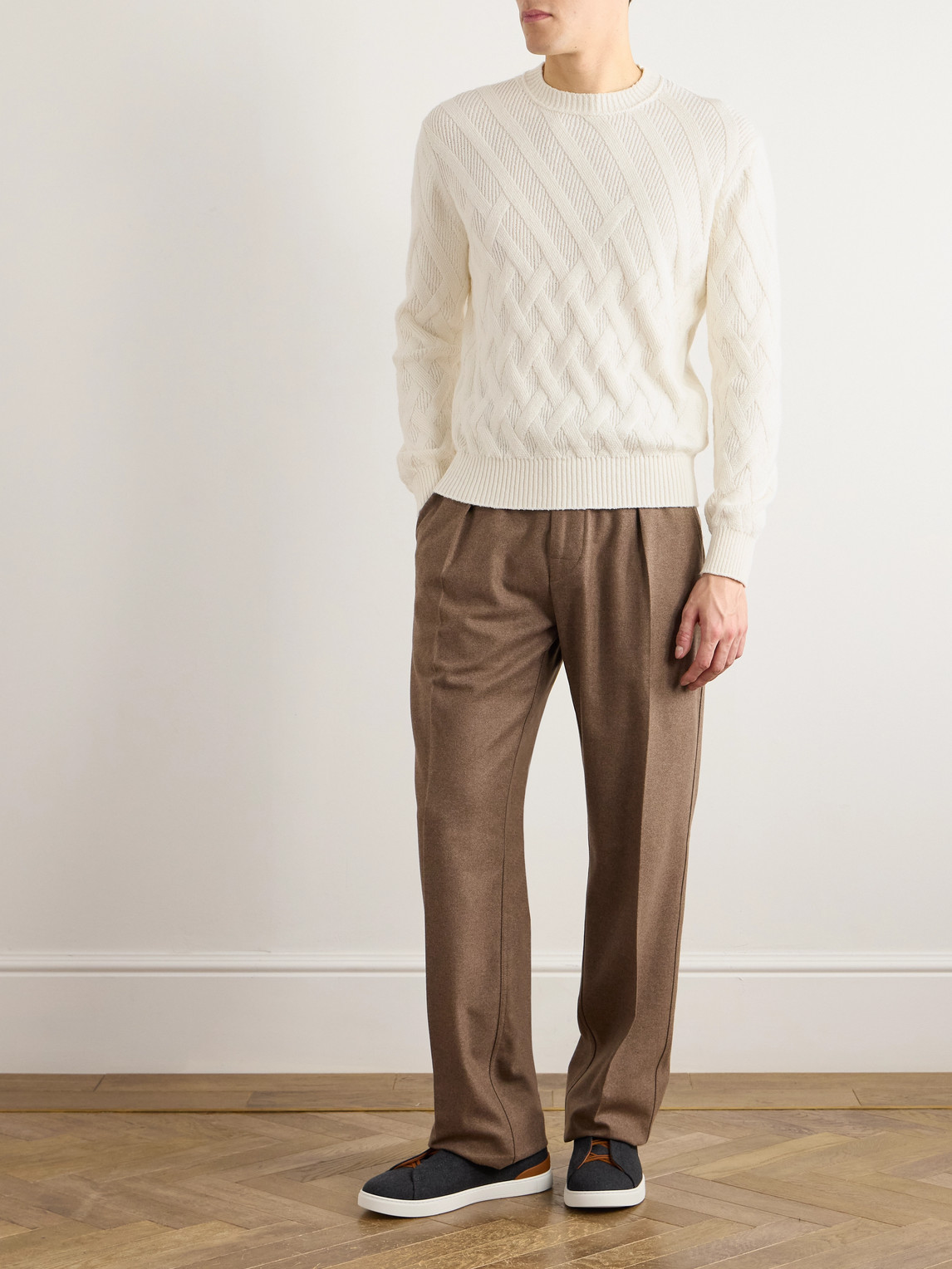 Logo-Appliquéd Leather-Trimmed Basketweave Cotton Sweater — 2