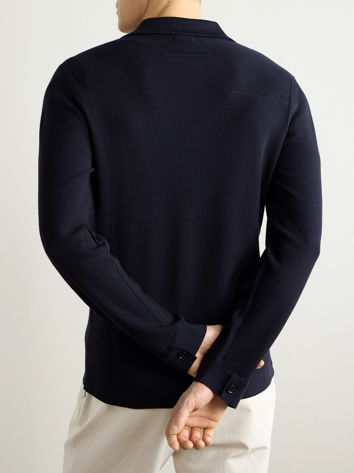 Zegna Camp-collar Wool-piqué Cardigan In Blue