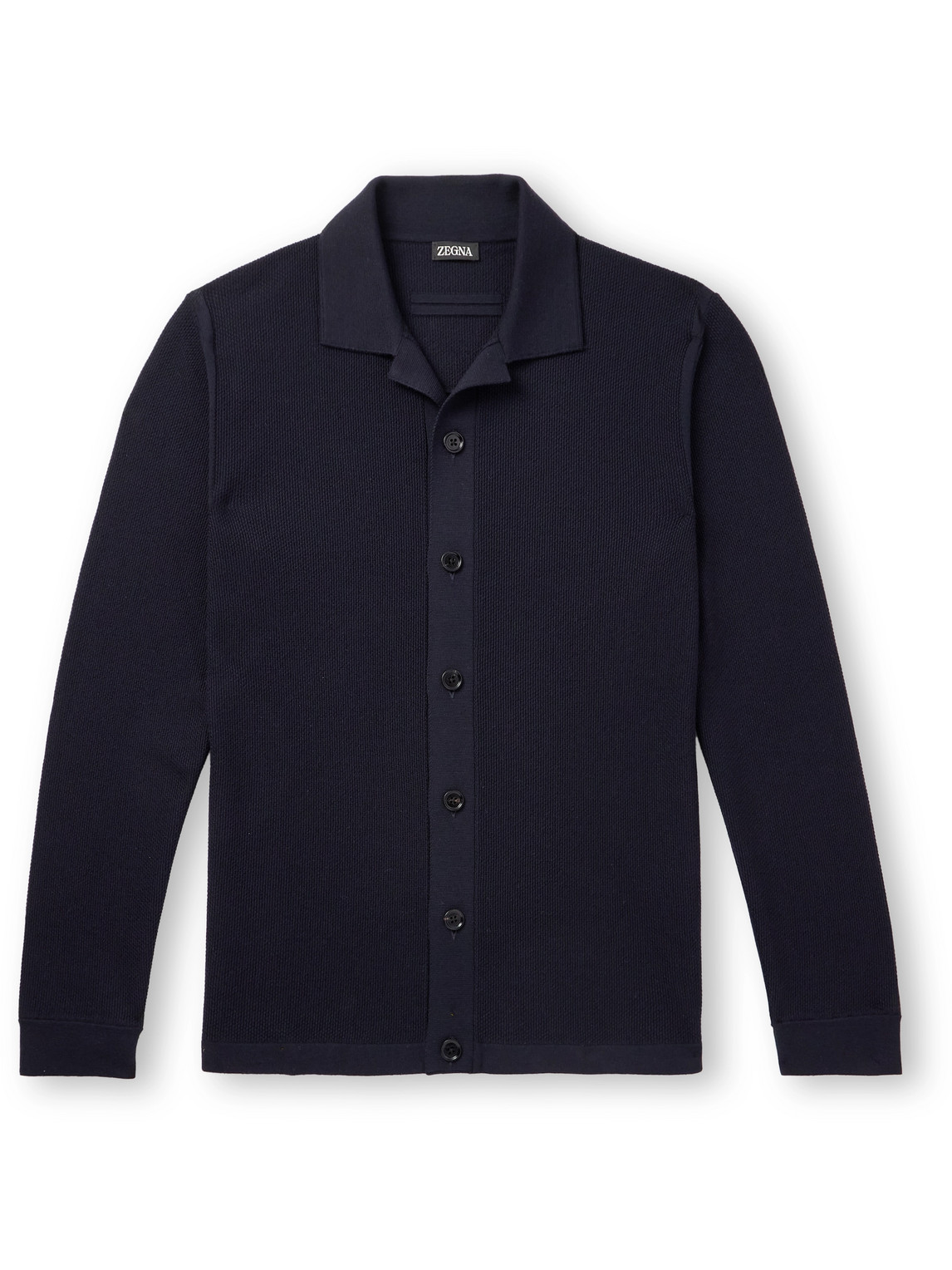 Zegna Camp-collar Wool-piqué Cardigan In Blue