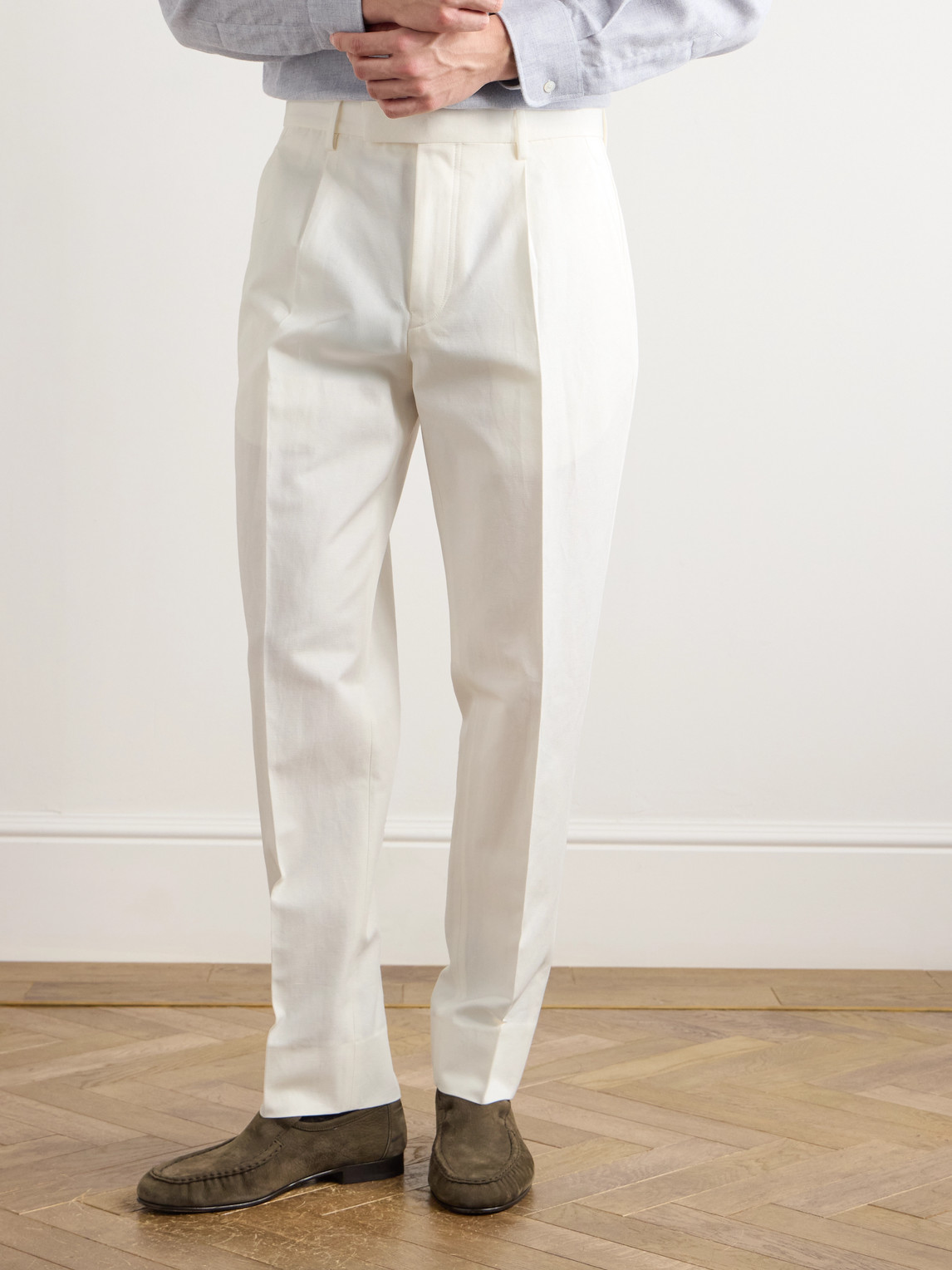 Zegna Tapered Pleated Cotton And Linen-blend Twill Trousers In White