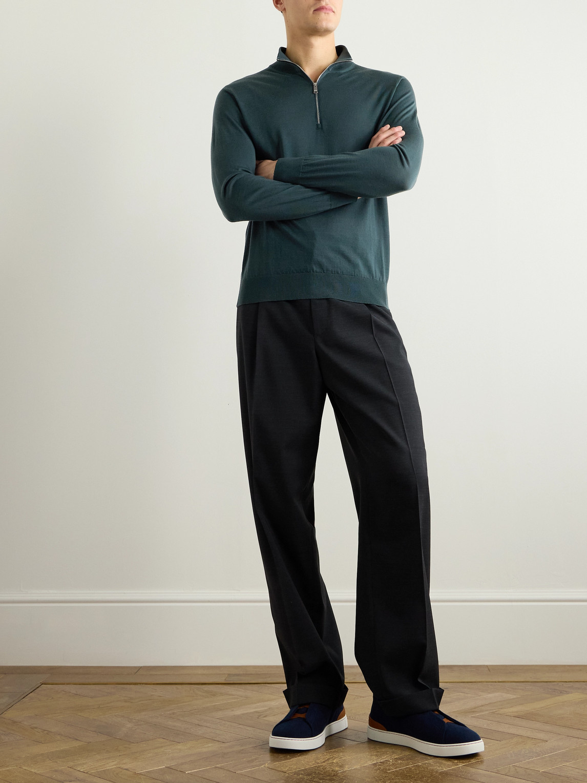 Zegna Slim-fit Wool Half-zip Sweater In Blue