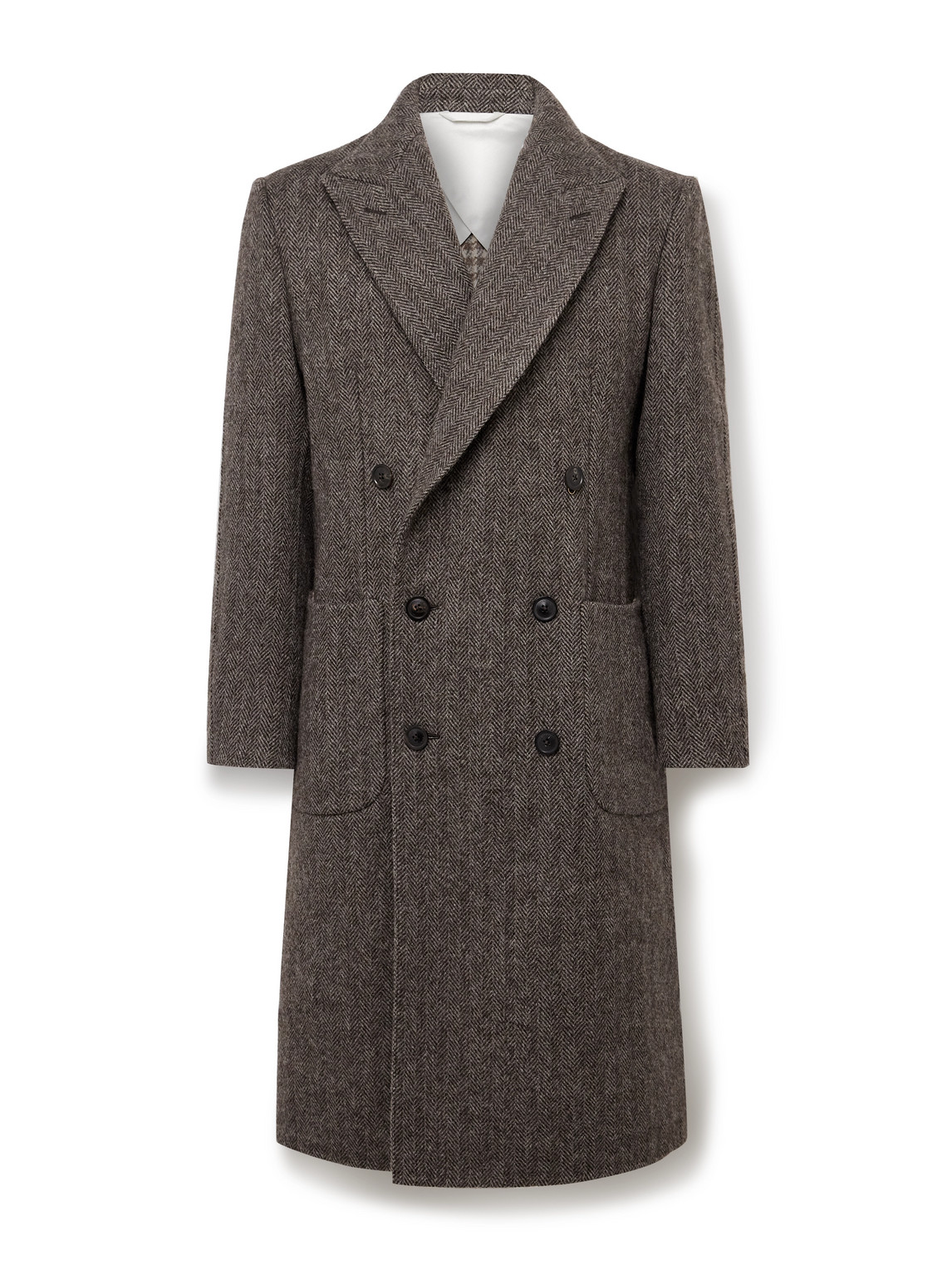 Purdey Town And Country Slim-fit Double-breasted Herringbone Wool Coat In Brown