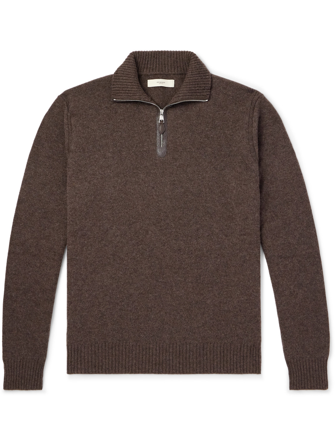 Purdey Leather-trimmed Cashmere Half-zip Jumper In Brown
