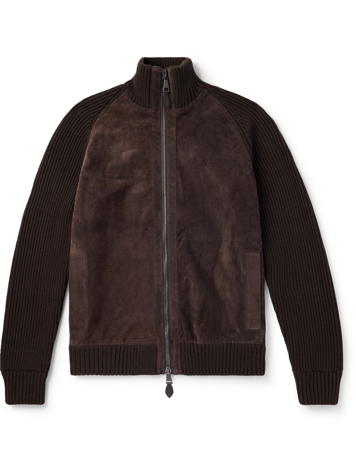 Purdey Panelled Ribbed Merino Wool And Suede Cardigan In Brown