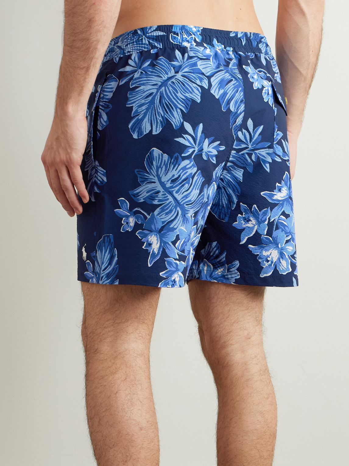 Polo Ralph Lauren Traveler Straight-leg Mid-length Floral-print Seersucker Swim Shorts In Blue