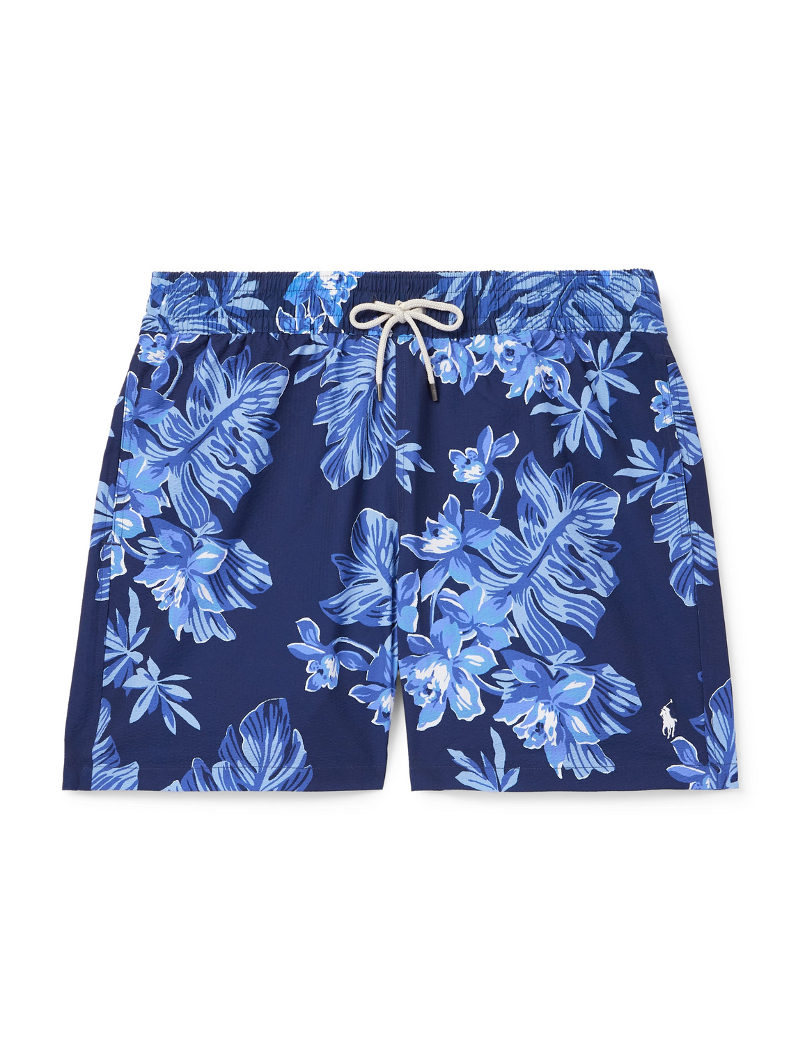 Polo Ralph Lauren Traveler Straight-leg Mid-length Floral-print Seersucker Swim Shorts In Blue