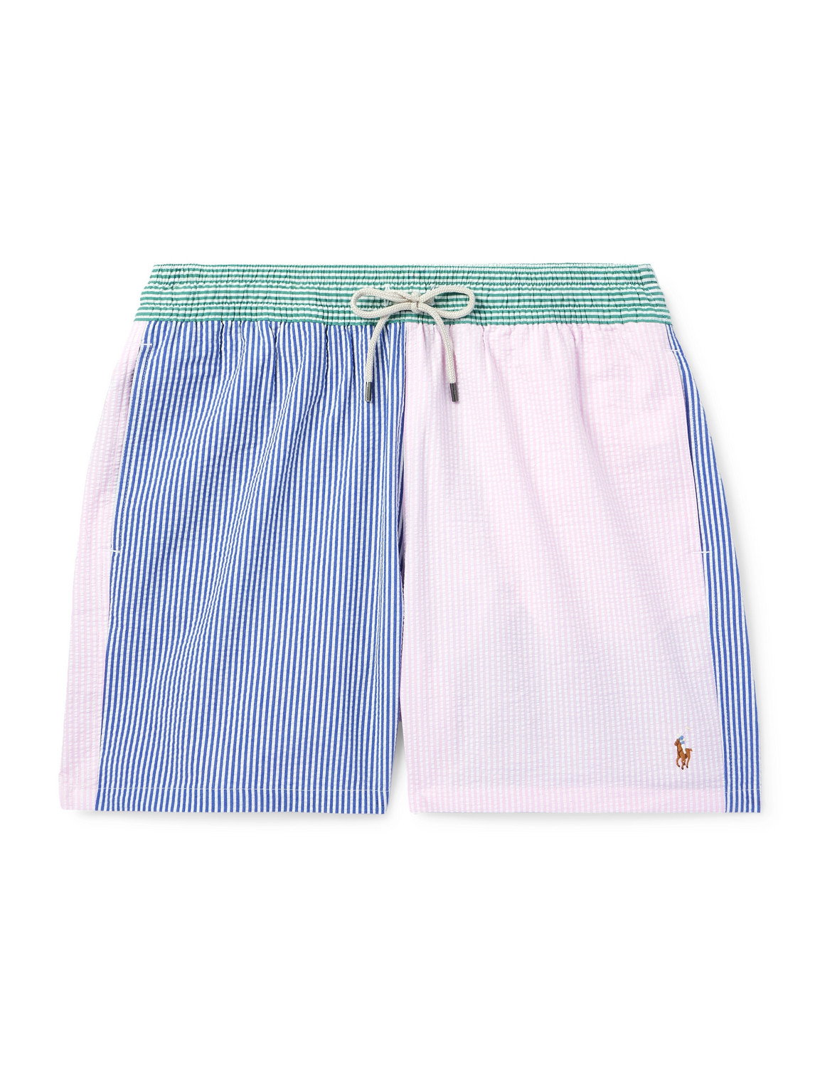 Polo Ralph Lauren Straight-leg Mid-length Logo-embroidered Striped Cotton-blend Seersucker Swim Shorts In Blue