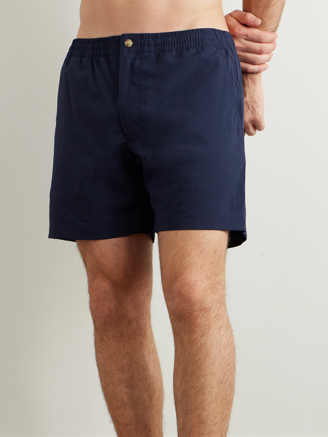 Polo Ralph Lauren Elastic Waistband Swim Shorts With Flap Pocket In Blue