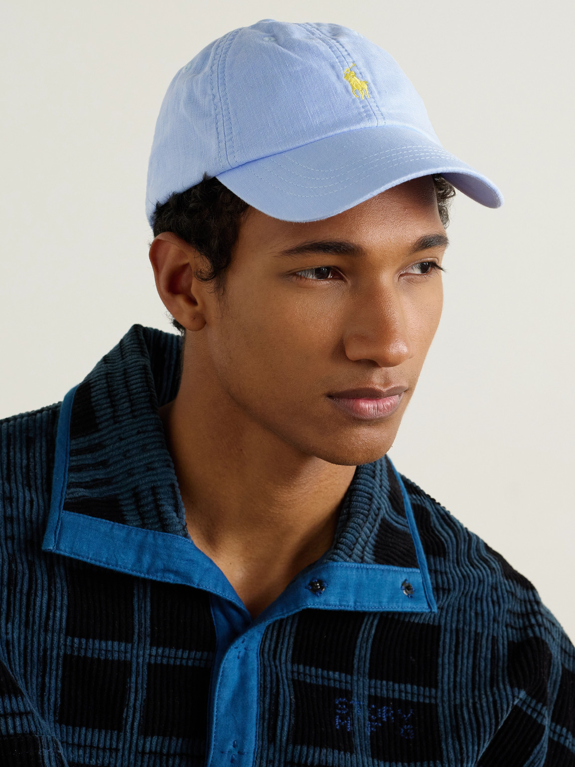 Shop Polo Ralph Lauren Leather-trimmed Logo-embroidered Linen Baseball Cap In Blue