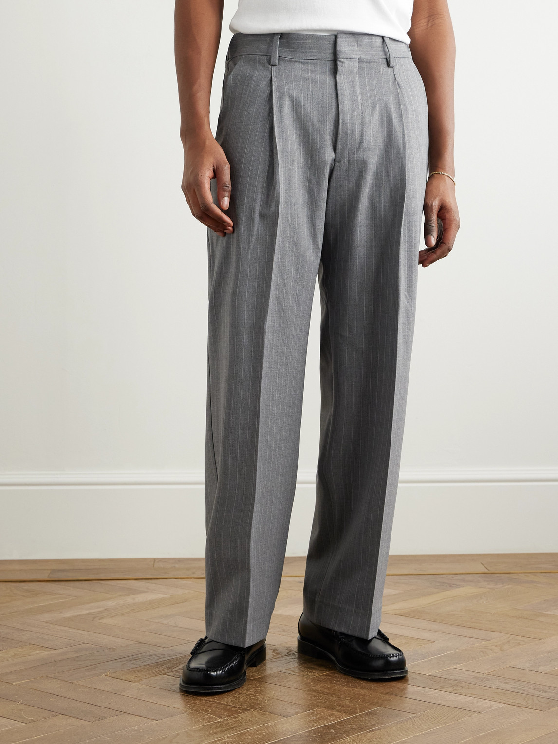 Shop Nn07 Kay 1088 Tapered Pleated Pinstriped Recycled Woven Trousers In Gray