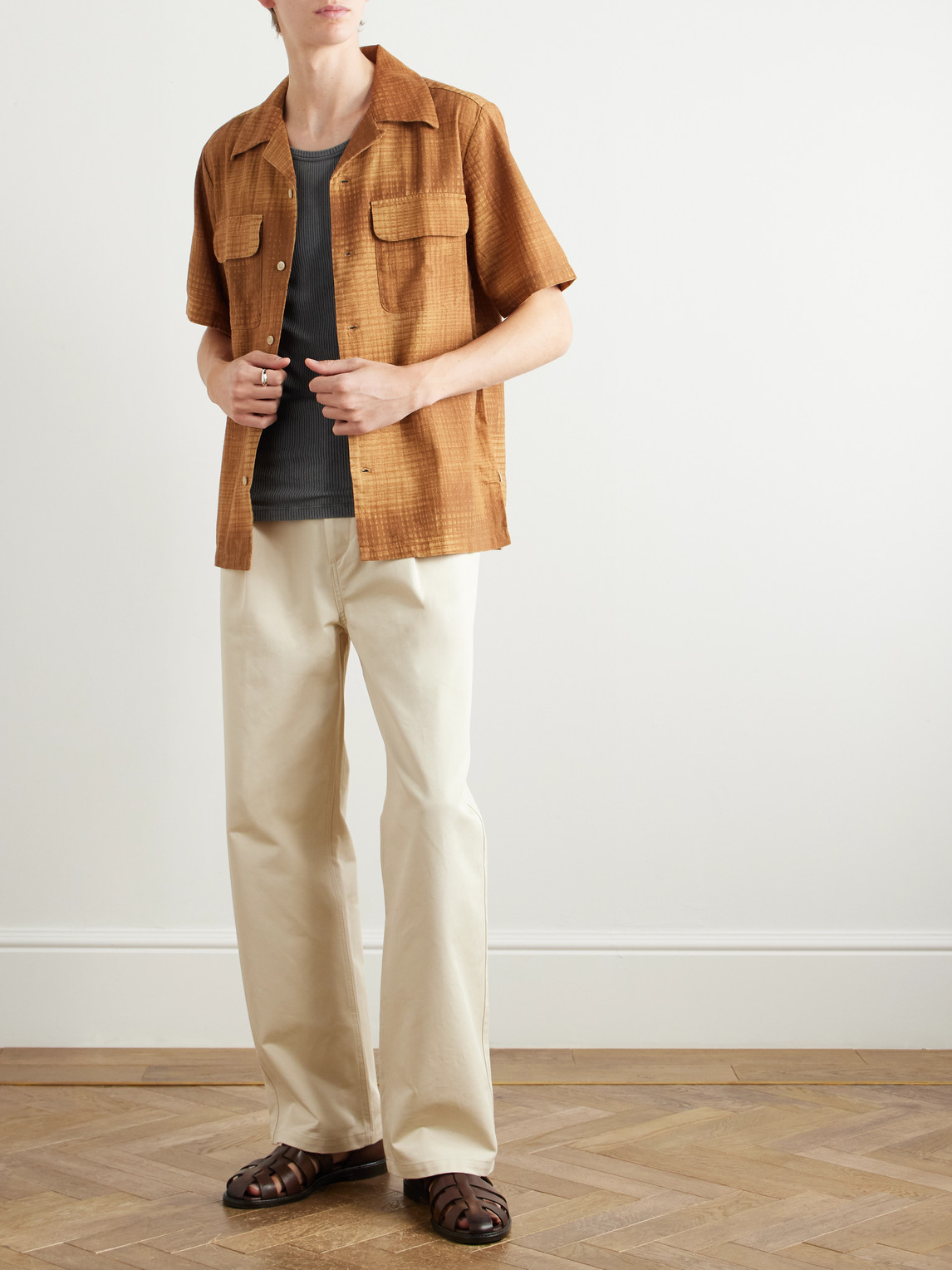 Nn07 Daniel Convertible-collar Checked Linen And Organic Cotton-blend Shirt In Brown