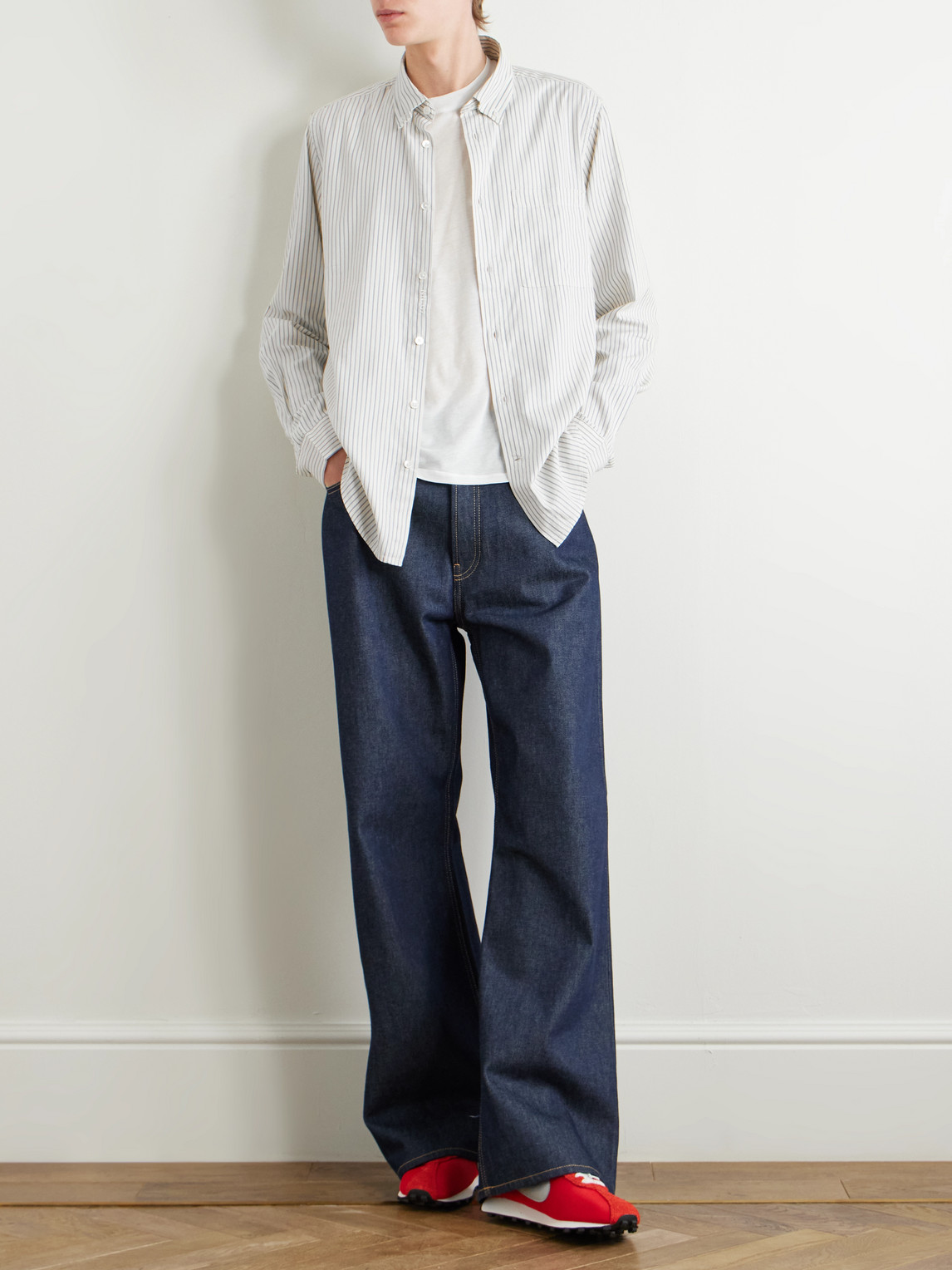 Nn07 Arne 5655 Button-down Collar Striped Organic Cotton And Tencel™ Modal-blend Twill Shirt In White