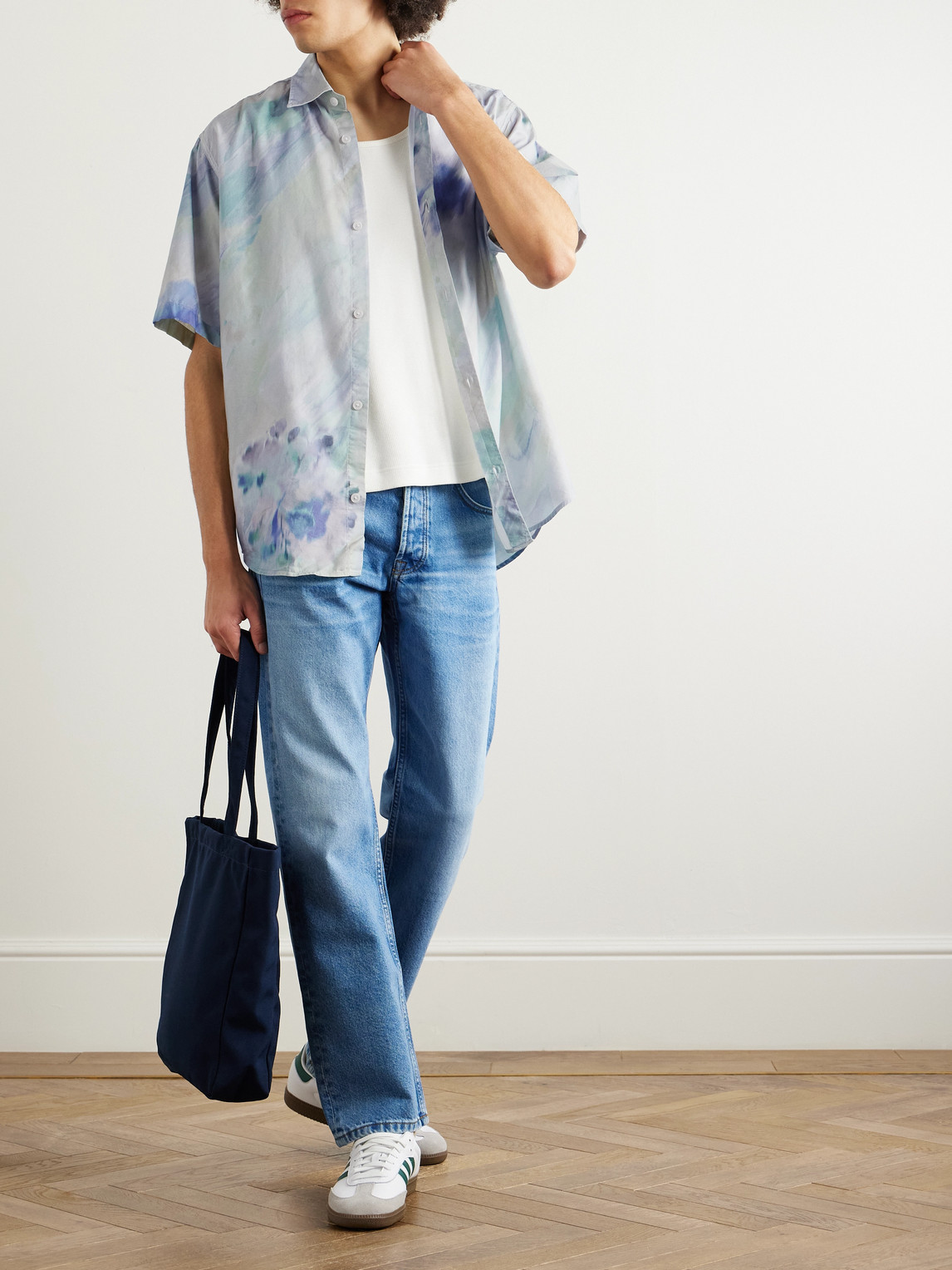 Nn07 Freddy 5654 Watercolor Print Organic Cotton Blend Button-up Shirt In Blue