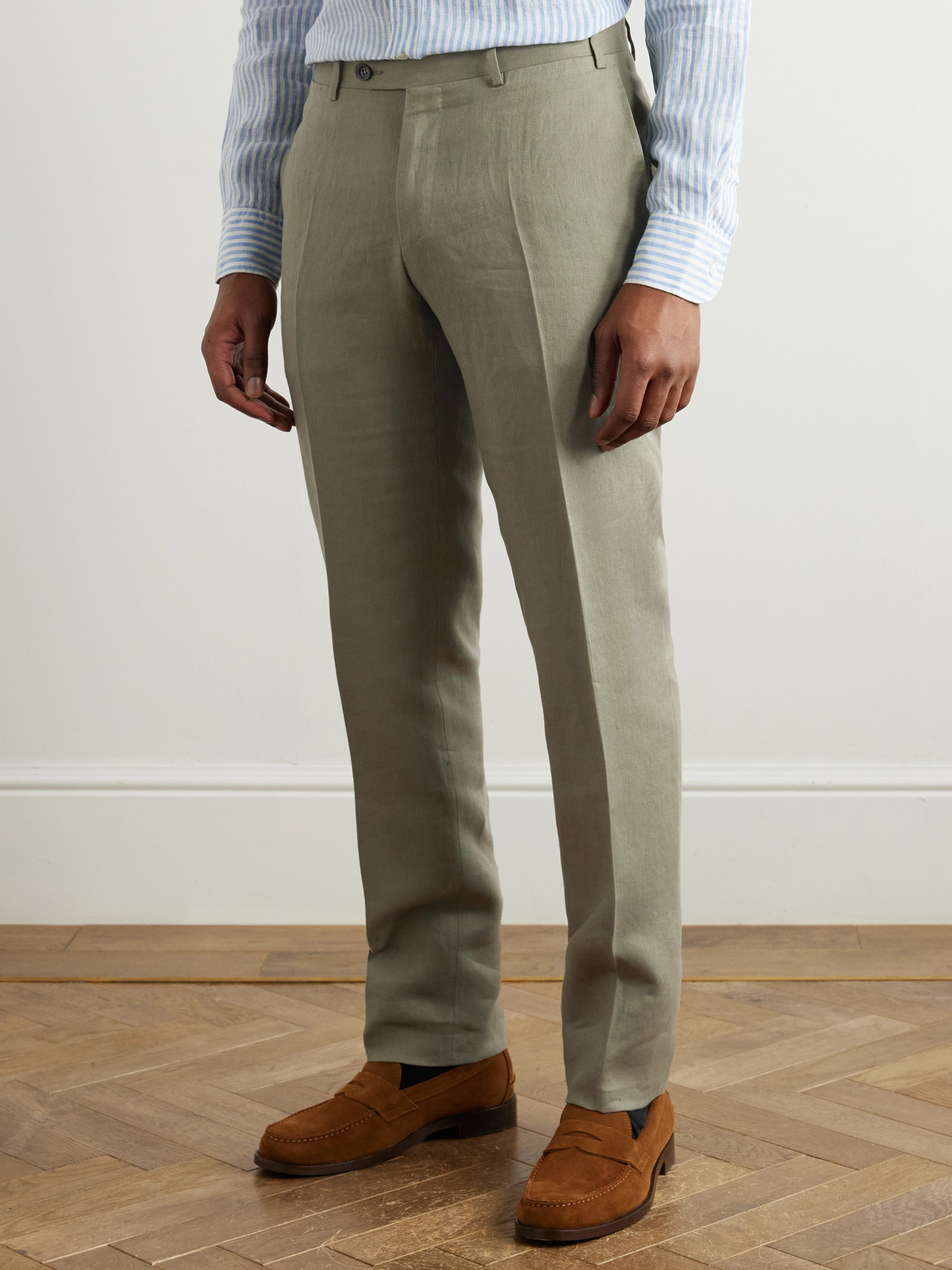 Canali Slim-fit Linen Suit Trousers In Green