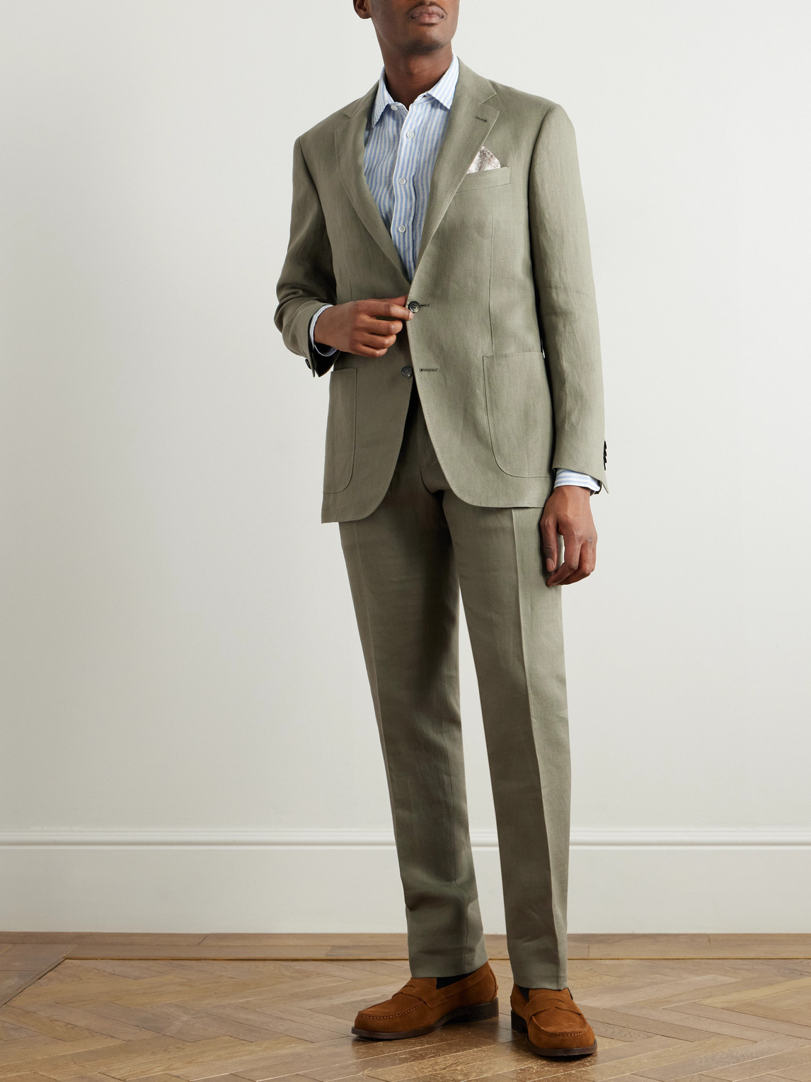 Canali Slim-fit Linen Suit Trousers In Green