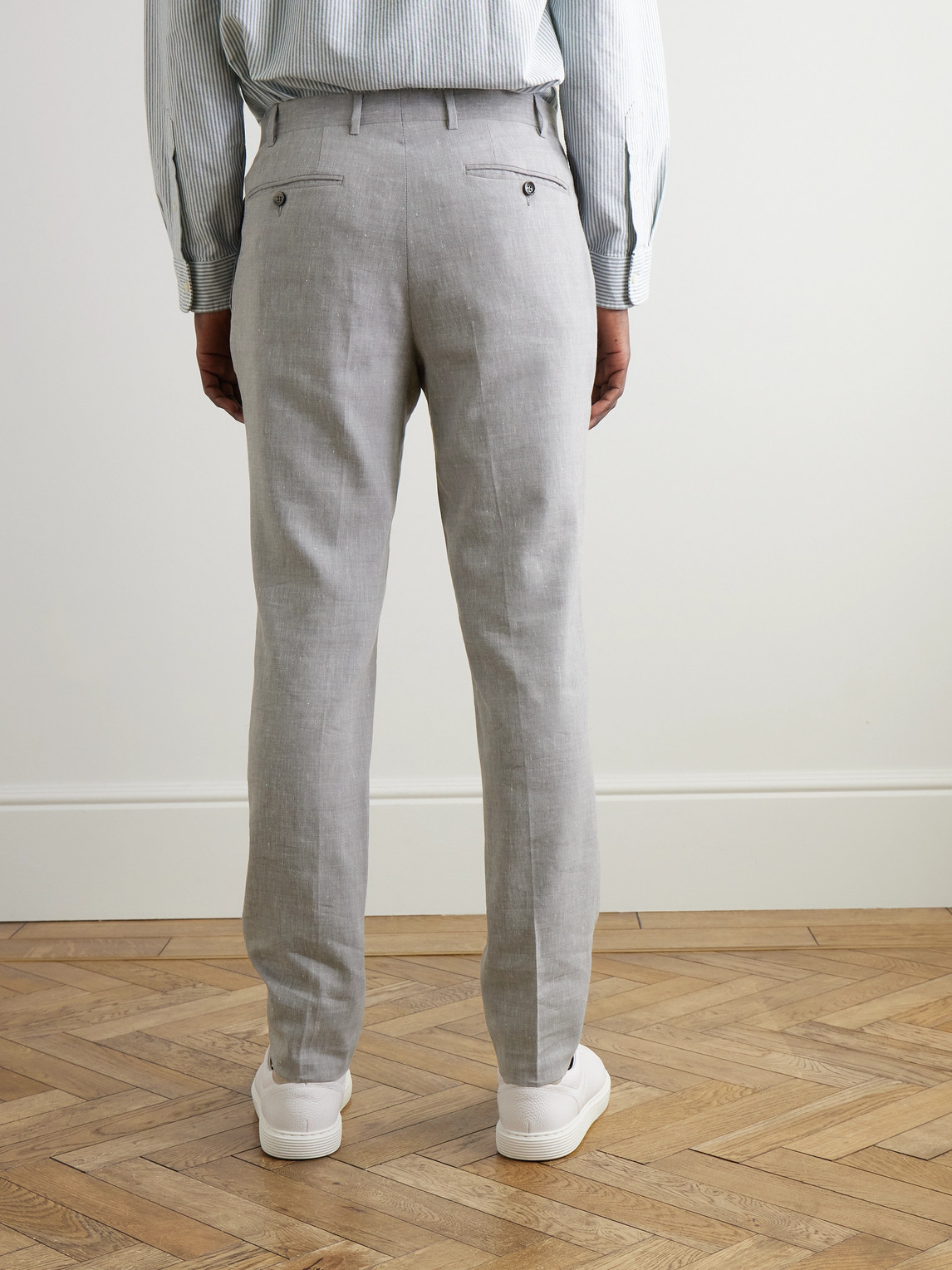 Canali Tapered Linen And Wool-blend Suit Trousers In Gray