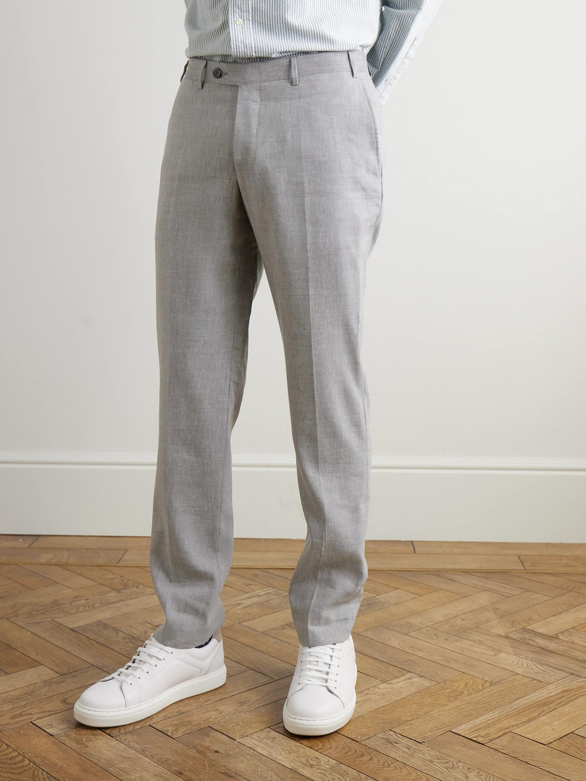 Canali Tapered Linen And Wool-blend Suit Trousers In Gray