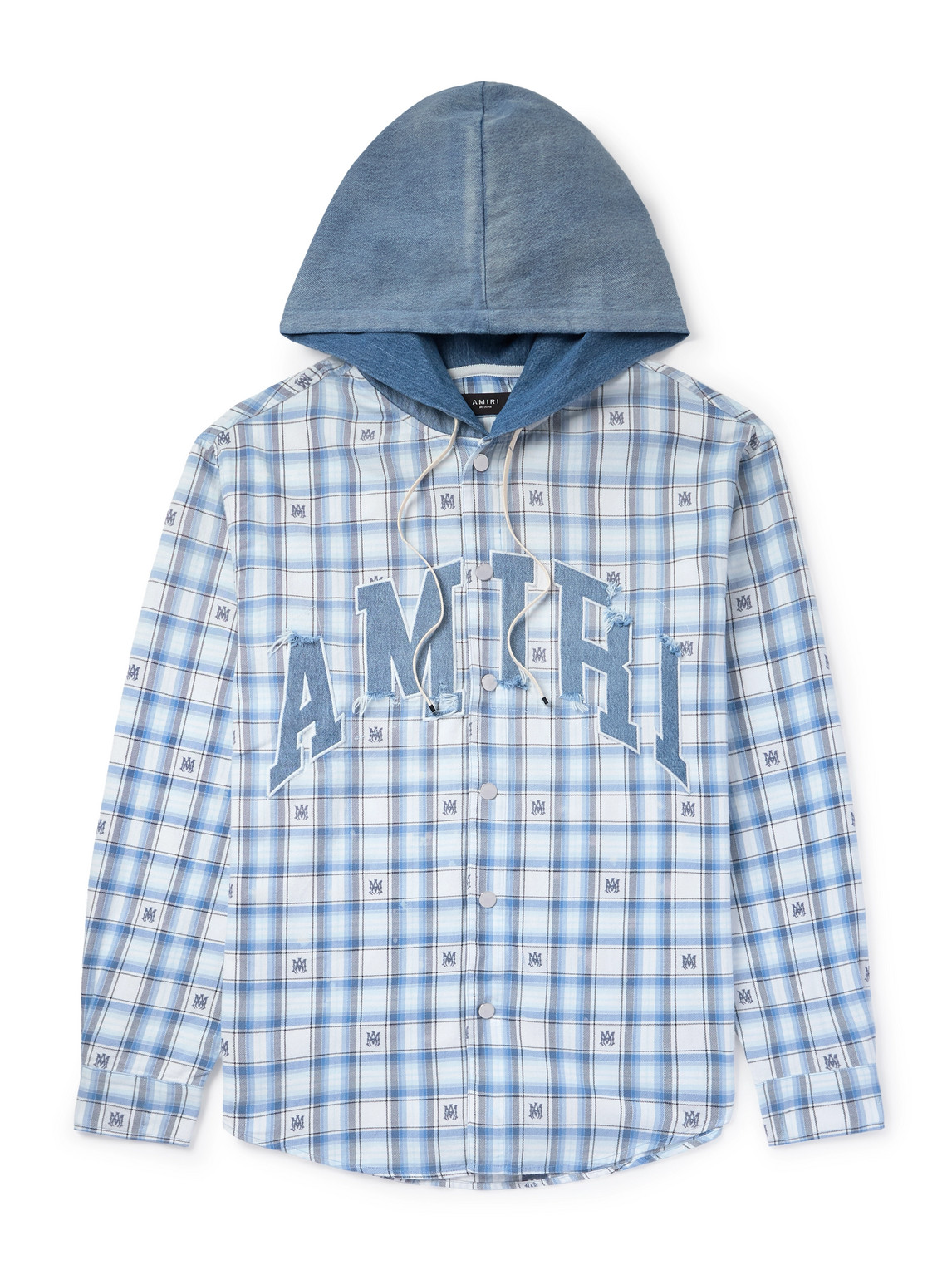 Denim-Trimmed Logo-Appliquéd Checked Cotton-Flannel Hooded Overshirt