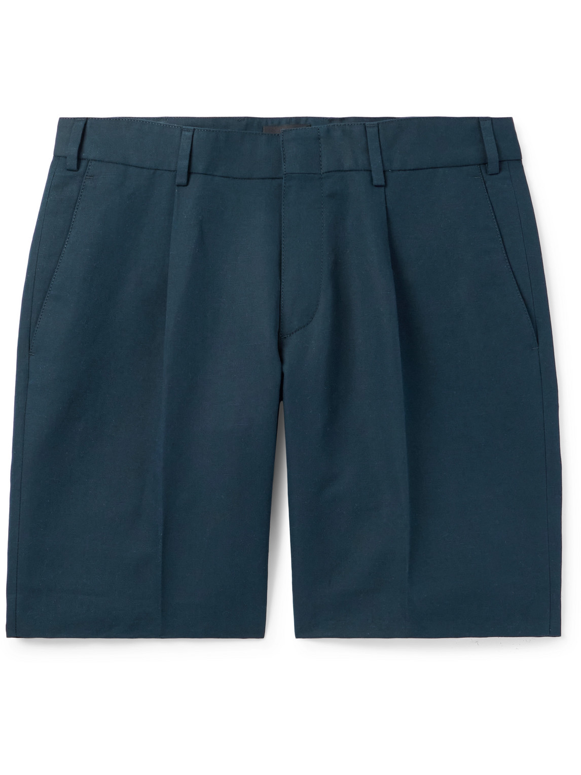 Brioni Pienza Slim-fit Straight-leg Pleated Linen And Cotton-blend Twill Shorts In Blue