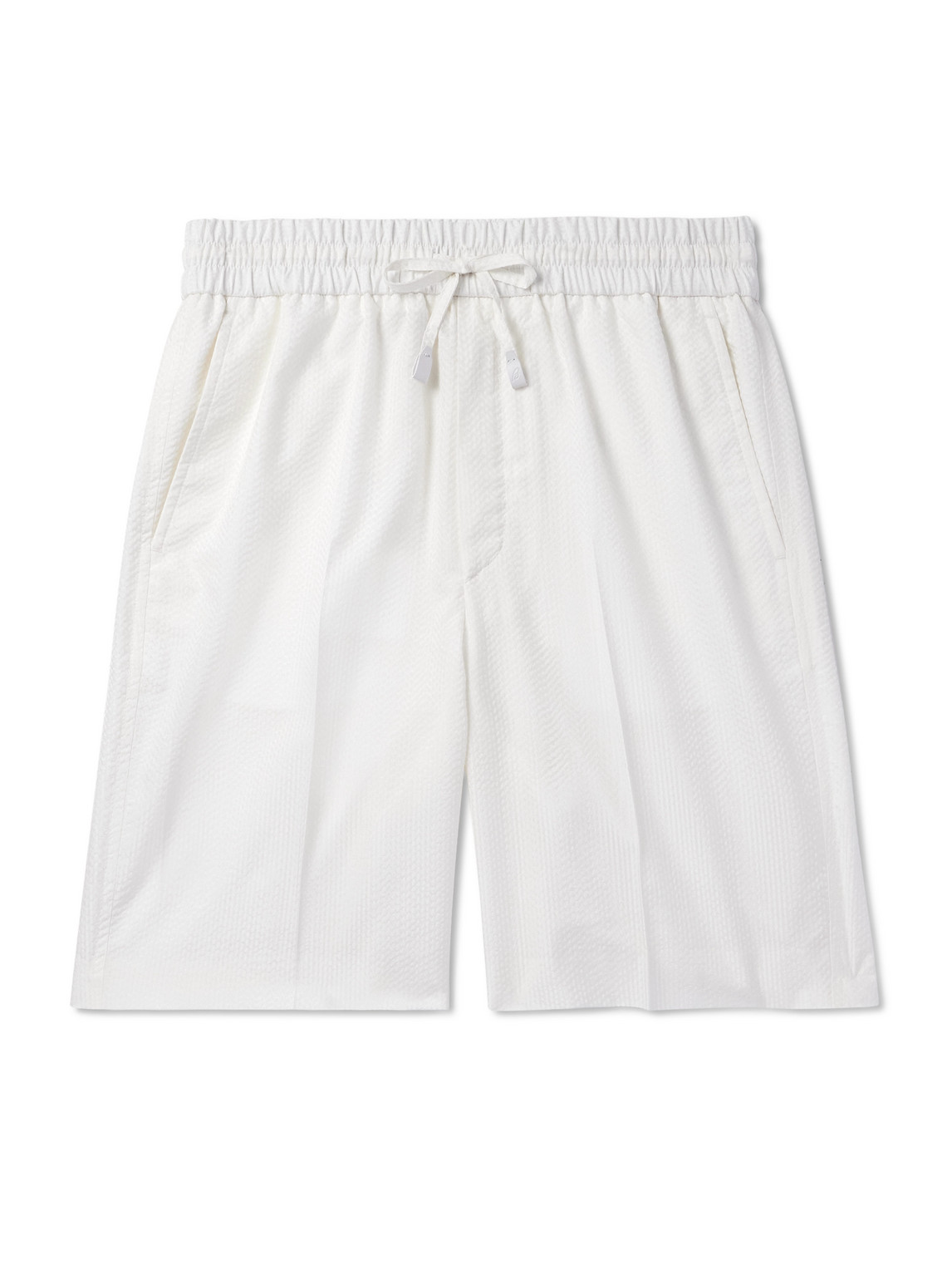 Brioni Straight-leg Herringbone Striped Silk-seersucker Shorts In White