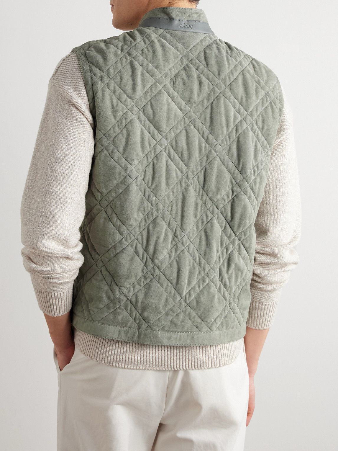 BRIONI LEATHER-TRIMMED QUILTED PADDED SUEDE GILET