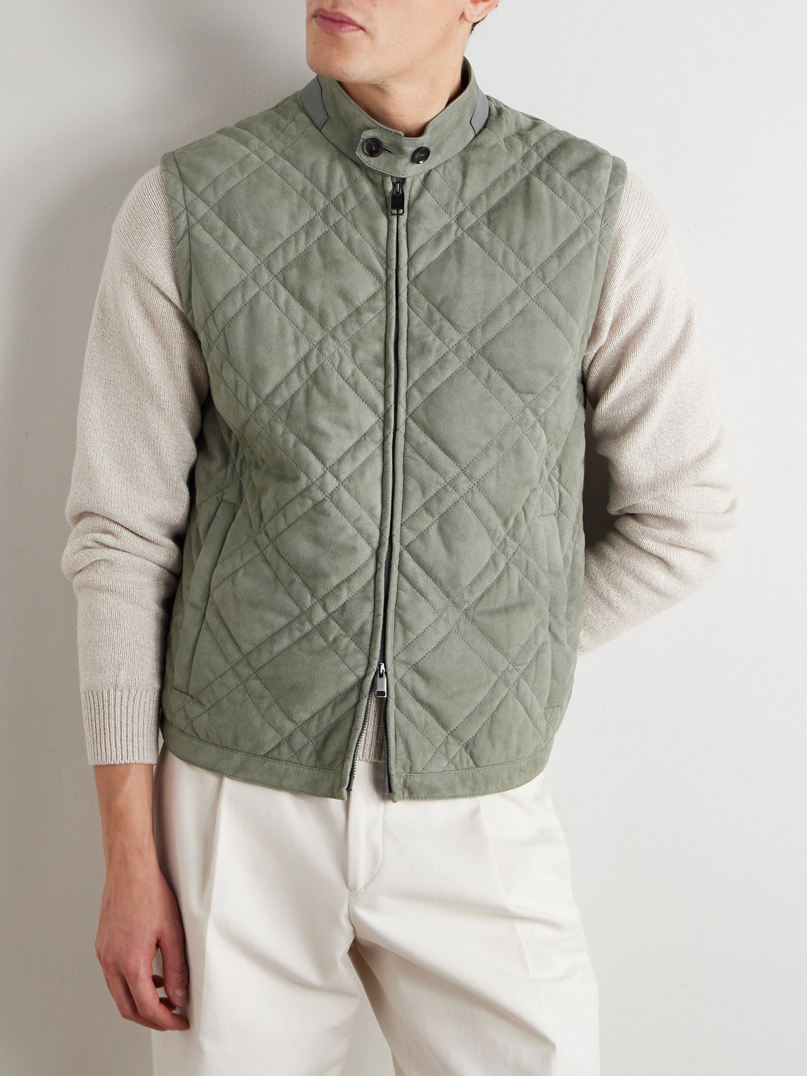 BRIONI LEATHER-TRIMMED QUILTED PADDED SUEDE GILET