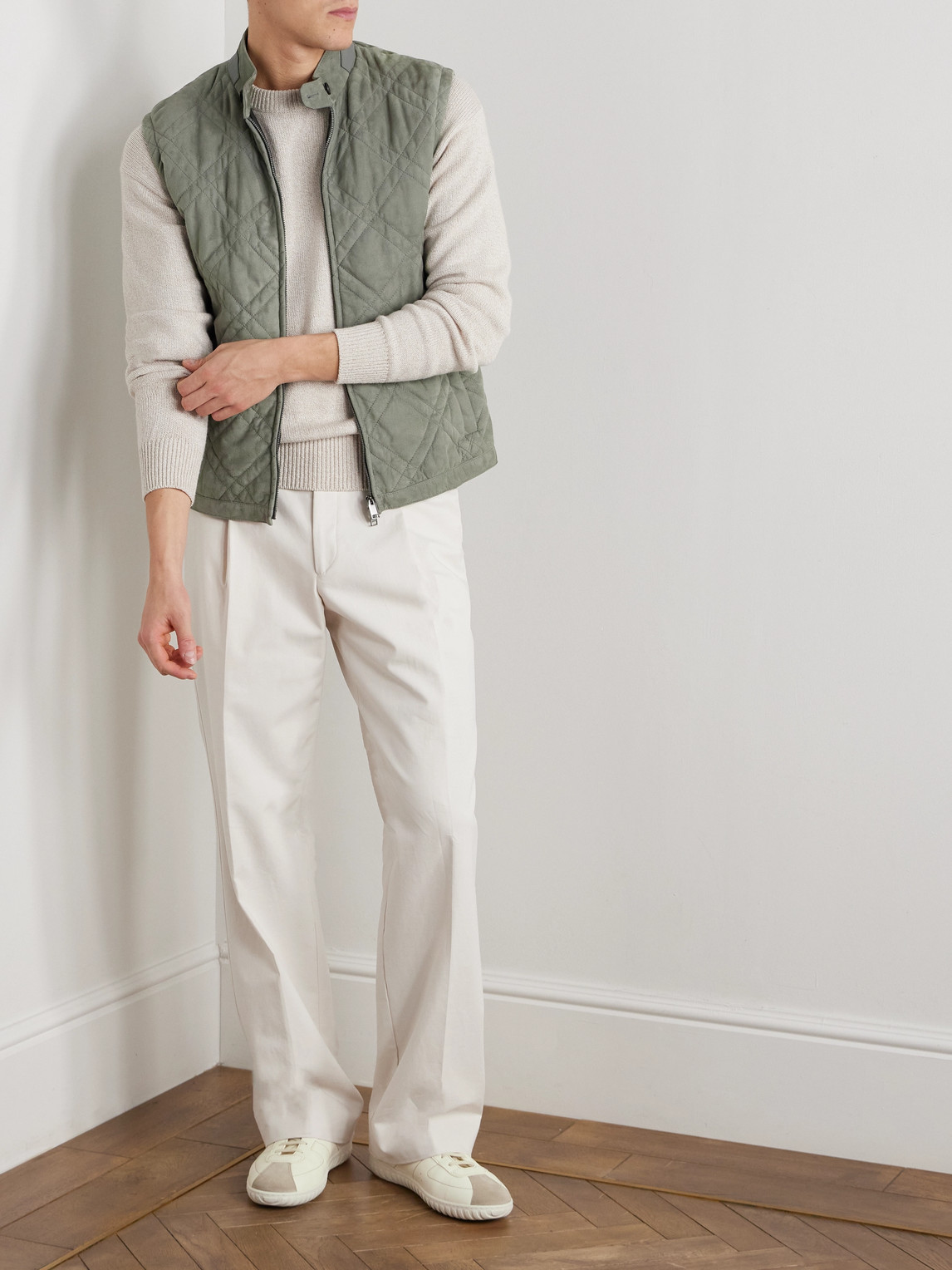 BRIONI LEATHER-TRIMMED QUILTED PADDED SUEDE GILET