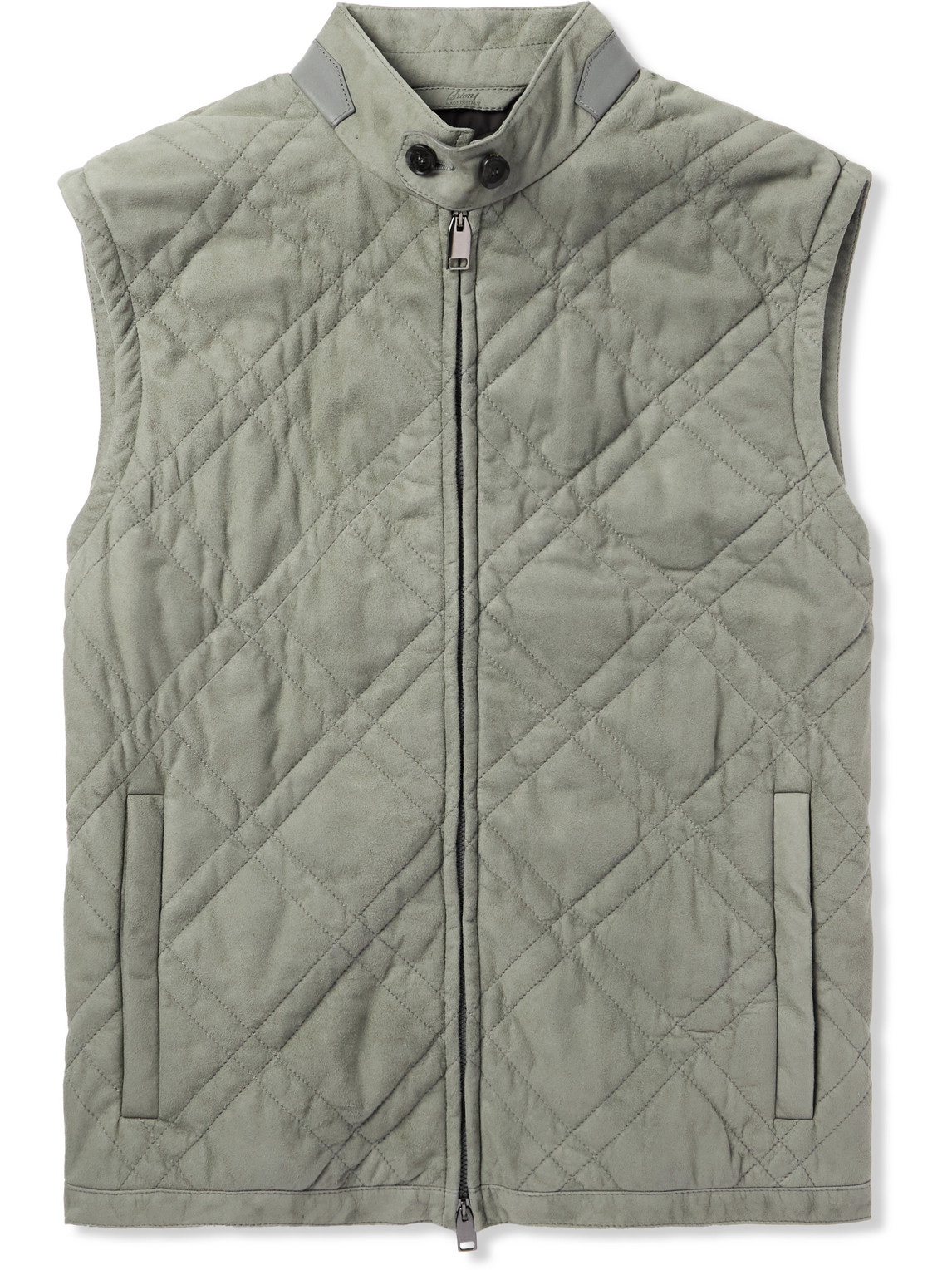 Brioni Leather-trimmed Quilted Padded Suede Gilet In Green