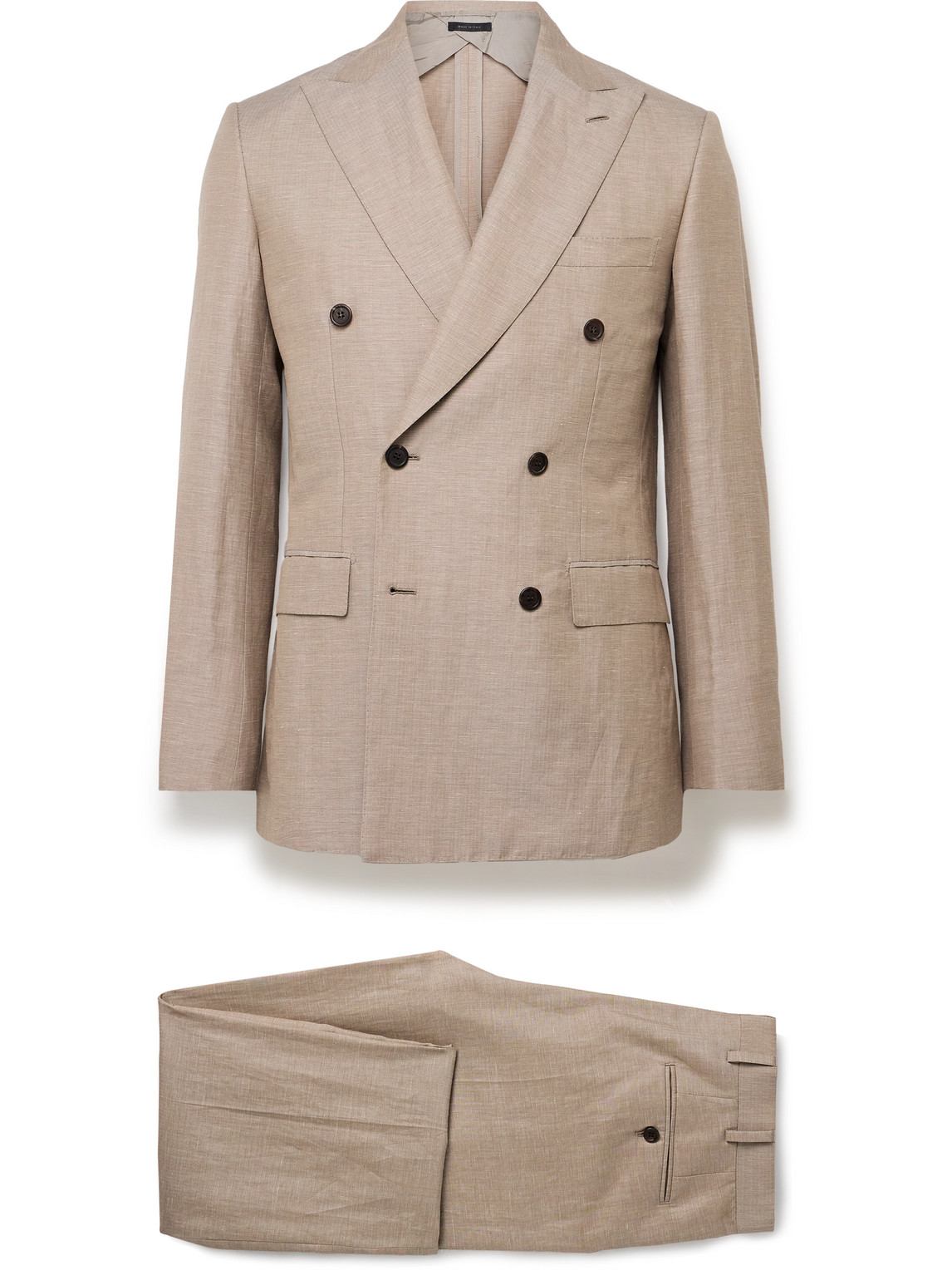 Brioni Slim-fit Double-breasted Wool, Linen And Silk-blend Suit In Neutrals