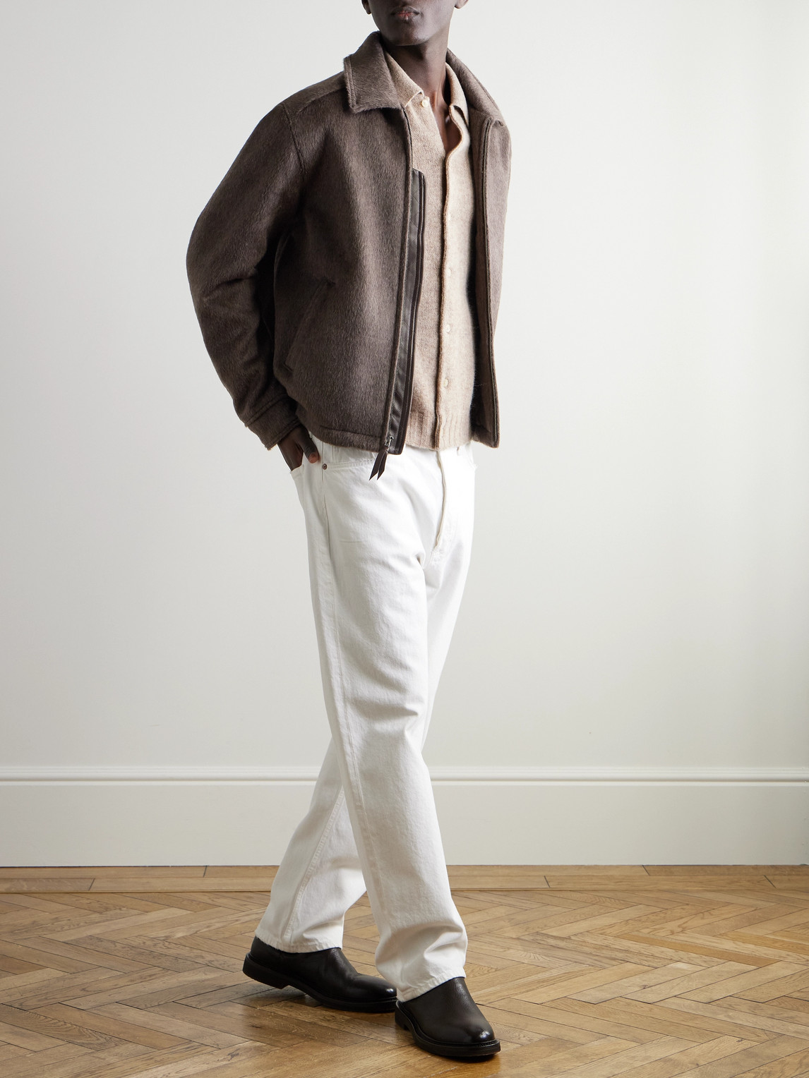 GOLDEN BEAR THE STOCKTON LEATHER-TRIMMED BRUSHED WOOL JACKET