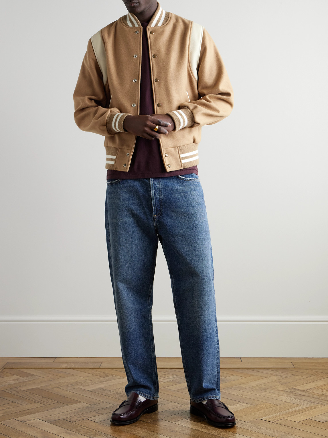 GOLDEN BEAR THE HAYES LEATHER-PANELLED WOOL-BLEND VARSITY JACKET 