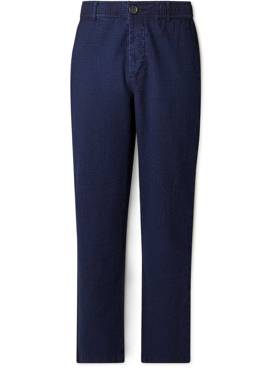 Oliver Spencer Straight-leg Indigo-dyed Cotton-seersucker Suit Trousers In Blue