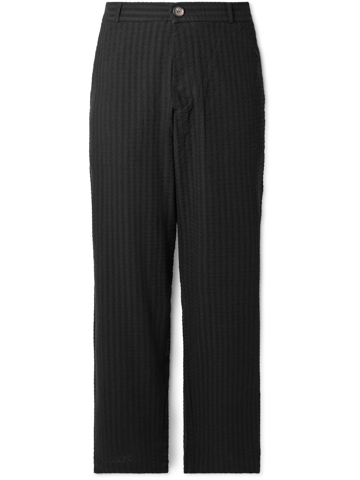 Oliver Spencer William Straight-leg Organic Cotton-blend Seersucker Trousers In Black
