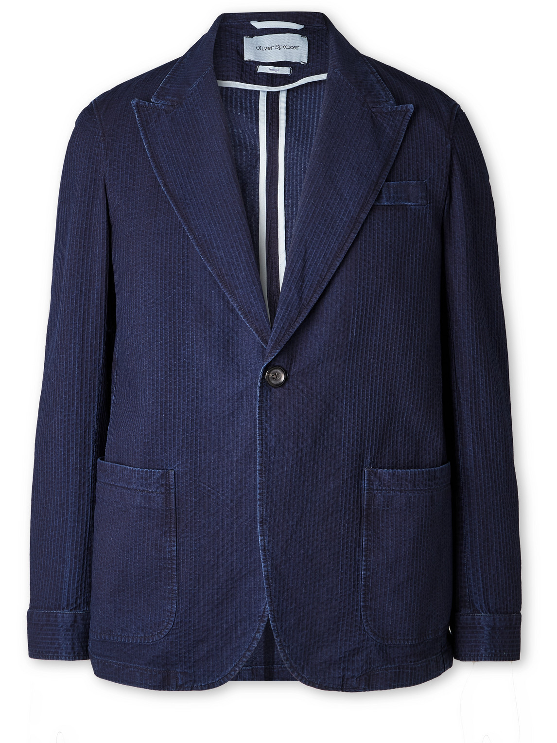 Oliver Spencer Laurel Slim-fit Indigo-dyed Cotton-seersucker Suit Jacket In Blue